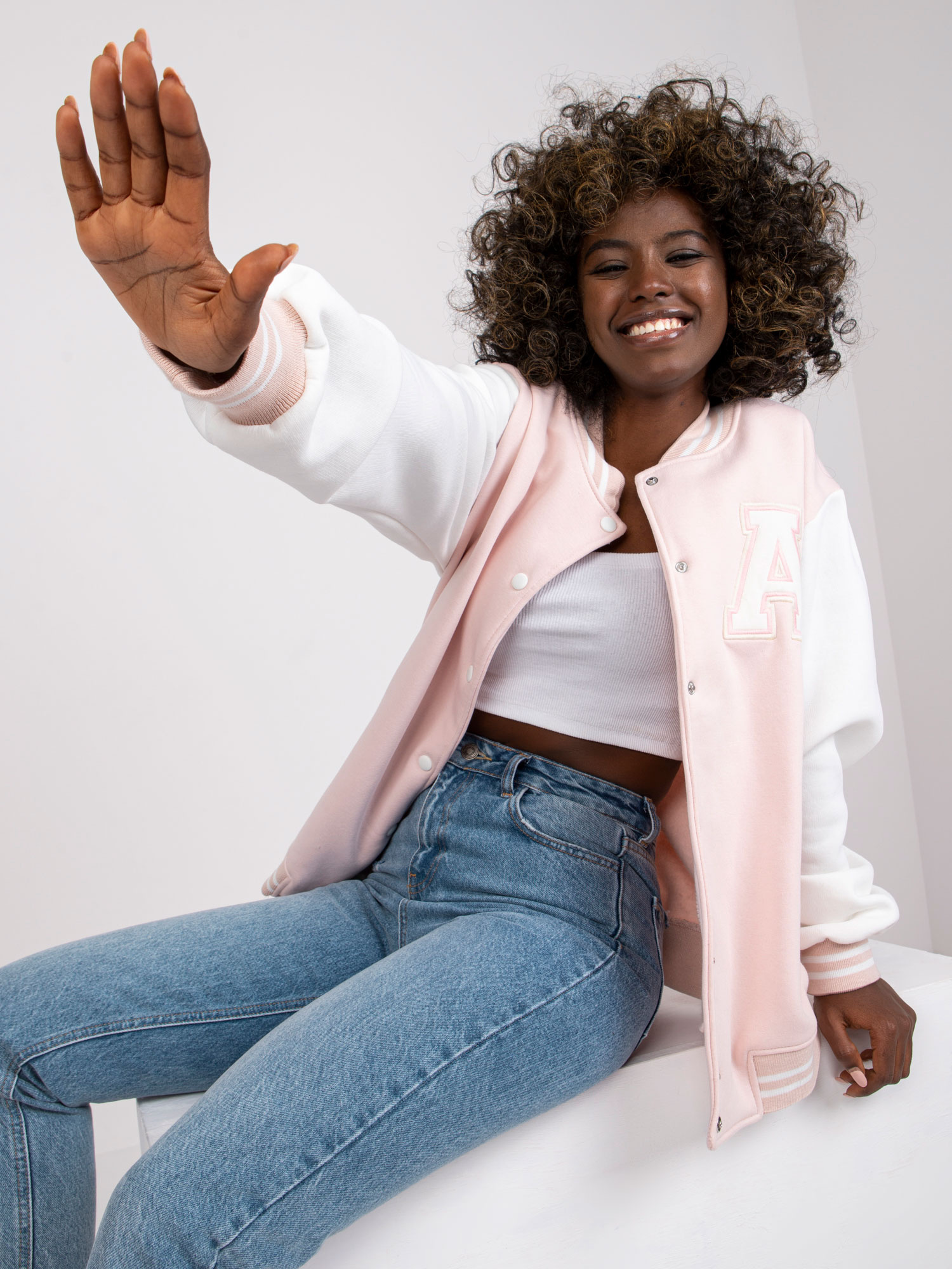 Ružovo-biely mikinový bomber Palma -EM-BL-697.88-pink-white Veľkosť: S/M
