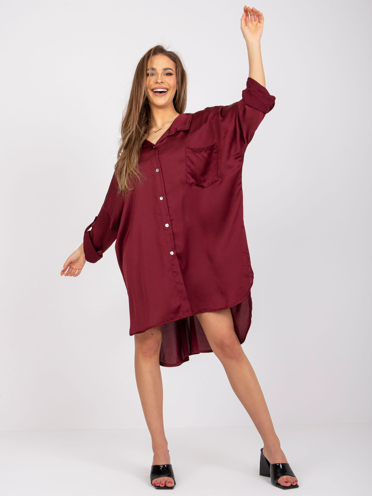 Bordó saténové košeľové šaty DHJ-SK-13938-1.63P-bordo Veľkosť: ONE SIZE