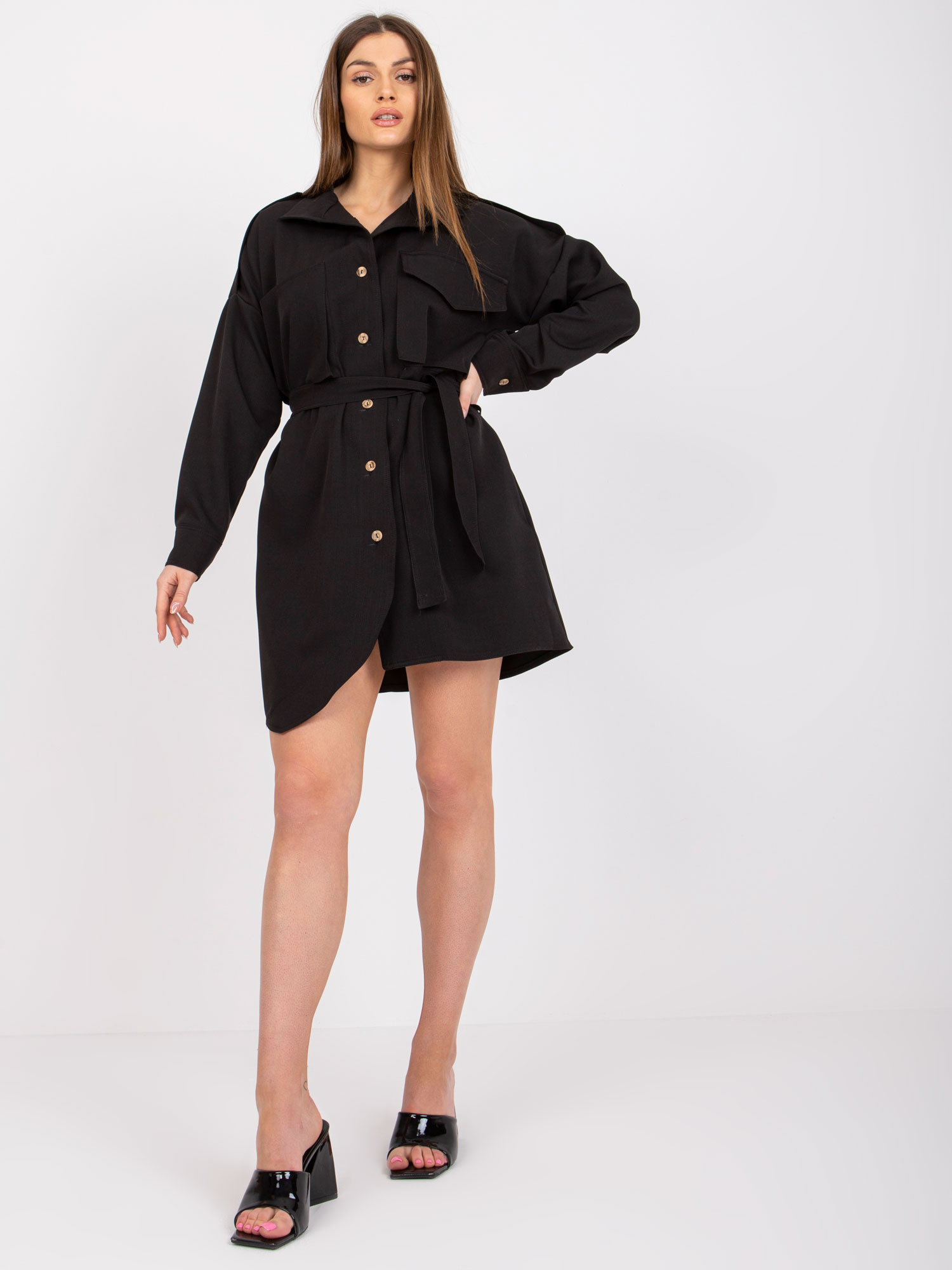 Čierne košeľové šaty Lucina s opaskom -CHA-KS-3954.89-black Veľkosť: S/M