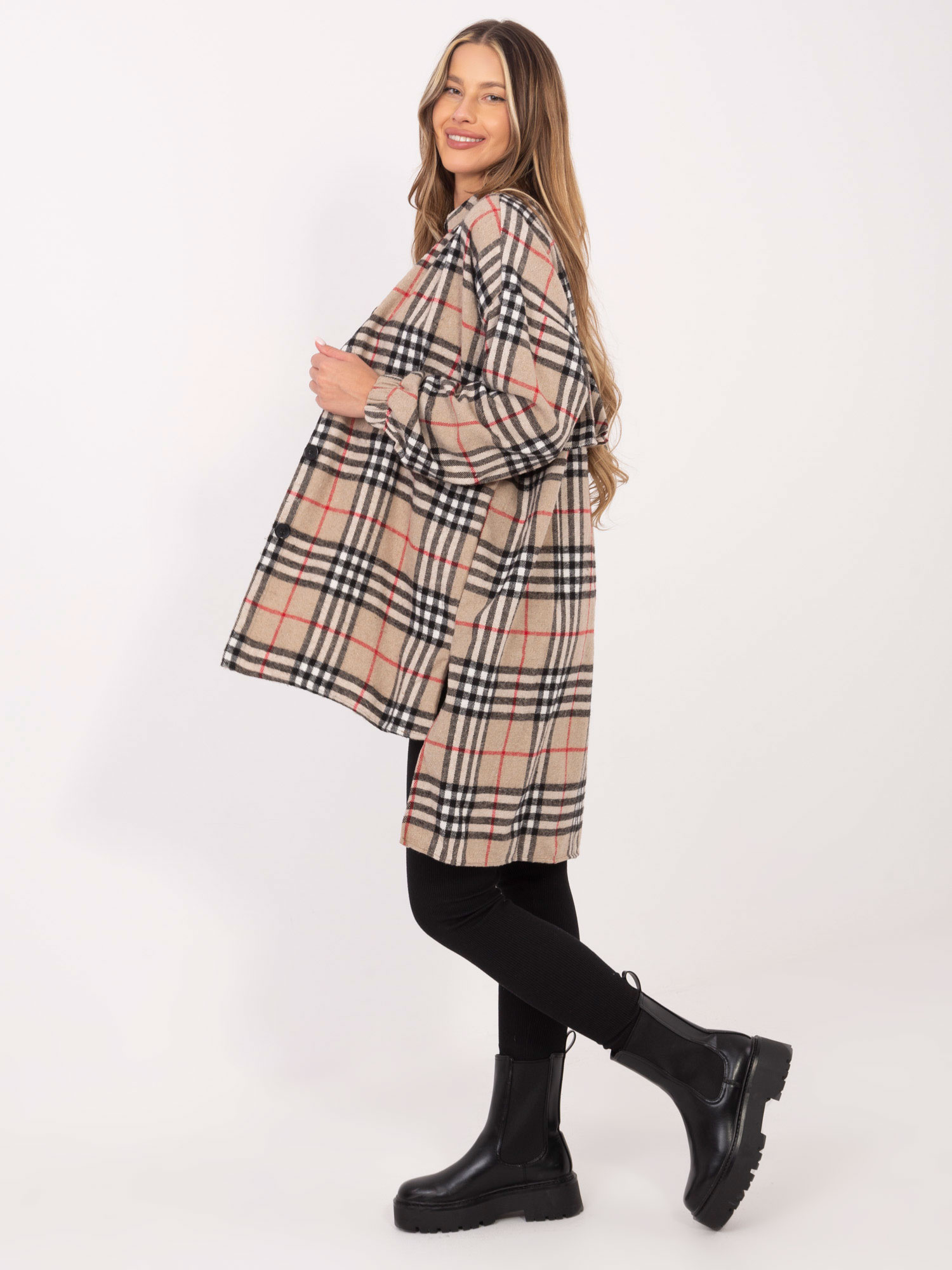 Béžová károvaná asymetrická košeľa Bonnie -EM-KS-180-2.97-beige Veľkosť: ONE SIZE