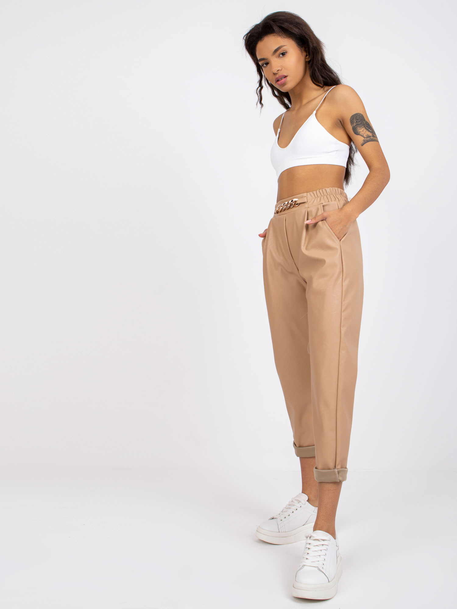 Béžové koženkové nohavice Porto DHJ-SP-5058.35P-beige Veľkosť: 2XL