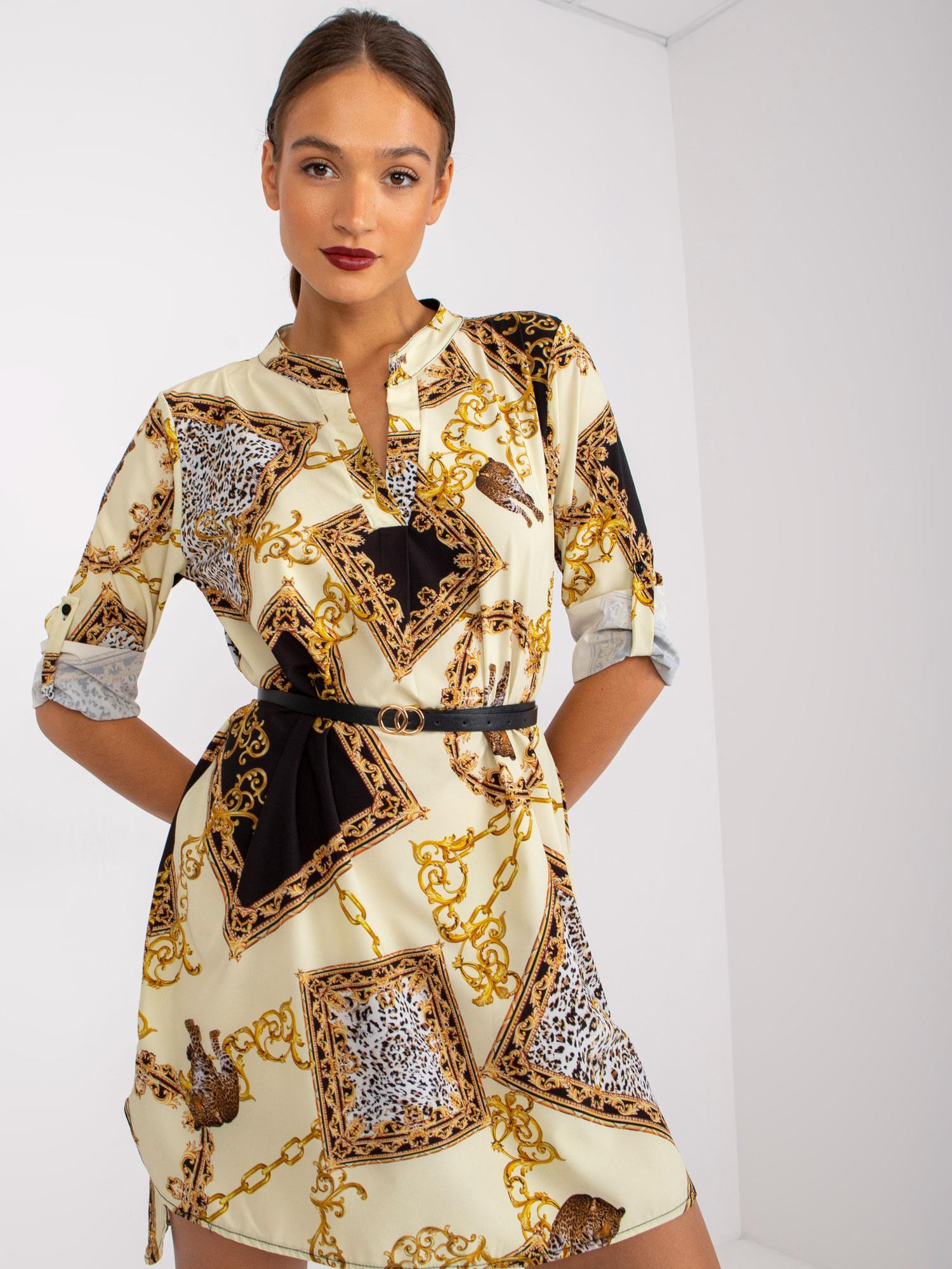 Žlté vzorované košeľové šaty s opaskom Dolores -DHJ-SK-5766AB-6.76-yellow Veľkosť: ONE SIZE