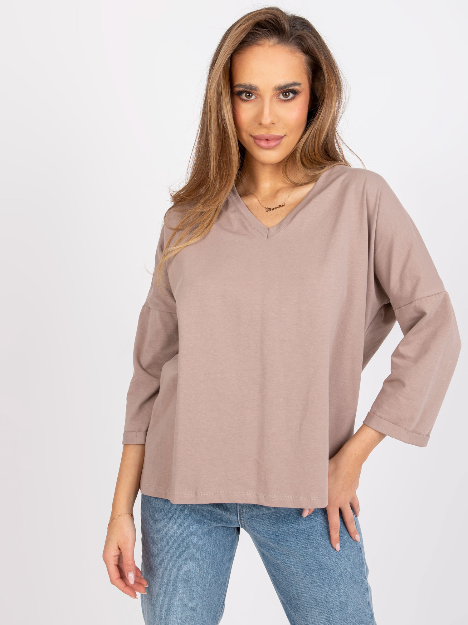 Béžová oversize blúzka Sylvie s krajkovým chrbtom -RV-BZ-7558.30-beige Veľkosť: S/M