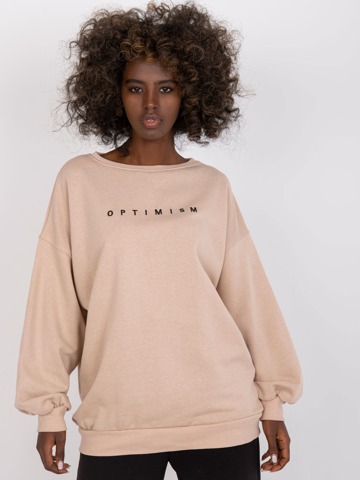 Béžová mikina Miley s nápisom "Optimism" -EM-BL-536/3.76-beige Veľkosť: ONE SIZE