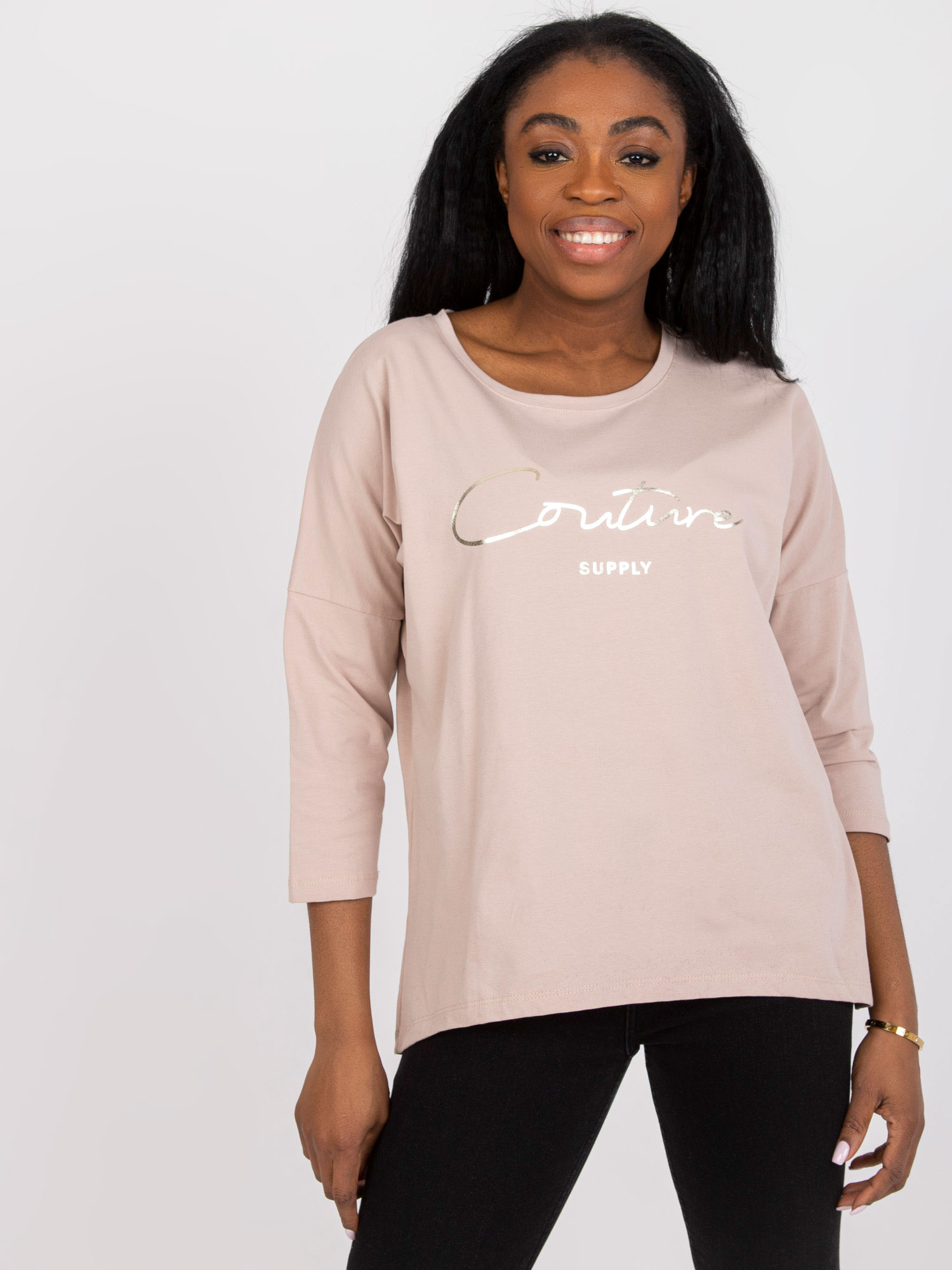 Púdrové tričko s nápisom "Couture" RV-BZ-7767.99-powder pink Veľkosť: S/M