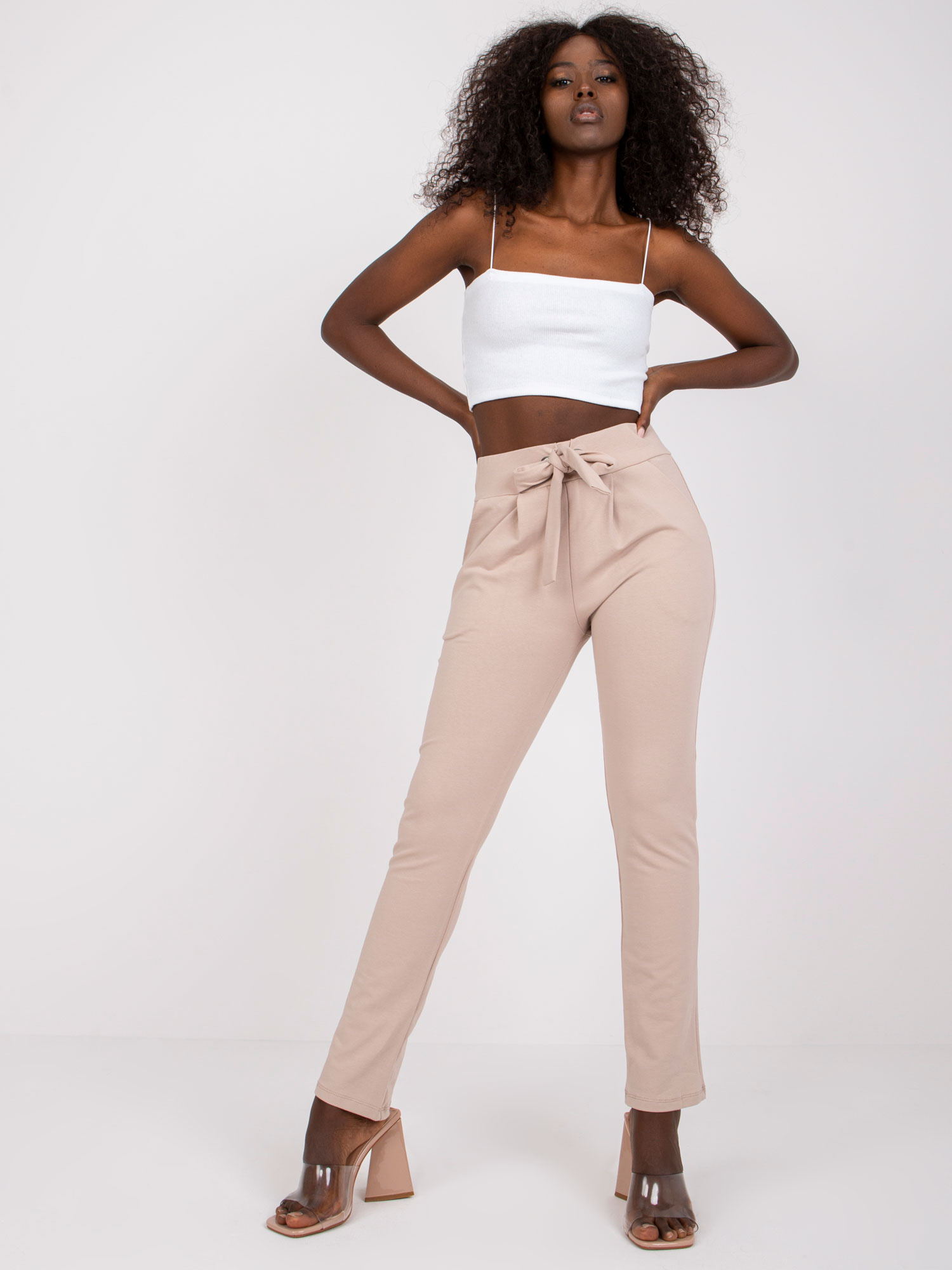 Svetlobéžové bavlnené nohavice Santos v páse na mašľu RV-DR-7459.01X-light beige Veľkosť: S