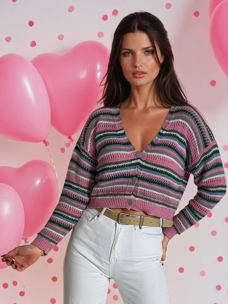 Farebný pruhovaný sveter s gombíkmi COLORFUL MY1580 Veľkosť: ONE SIZE