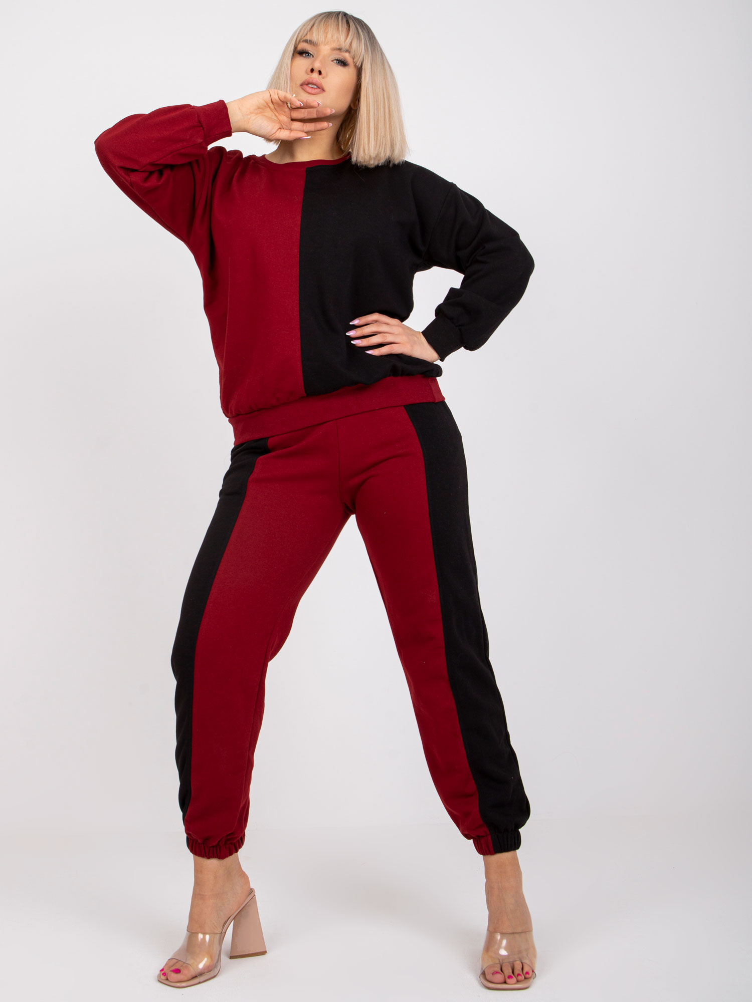 Vínovo-čierna tepláková súprava Amishi -EM-KMPL-639.88 Veľkosť: L/XL