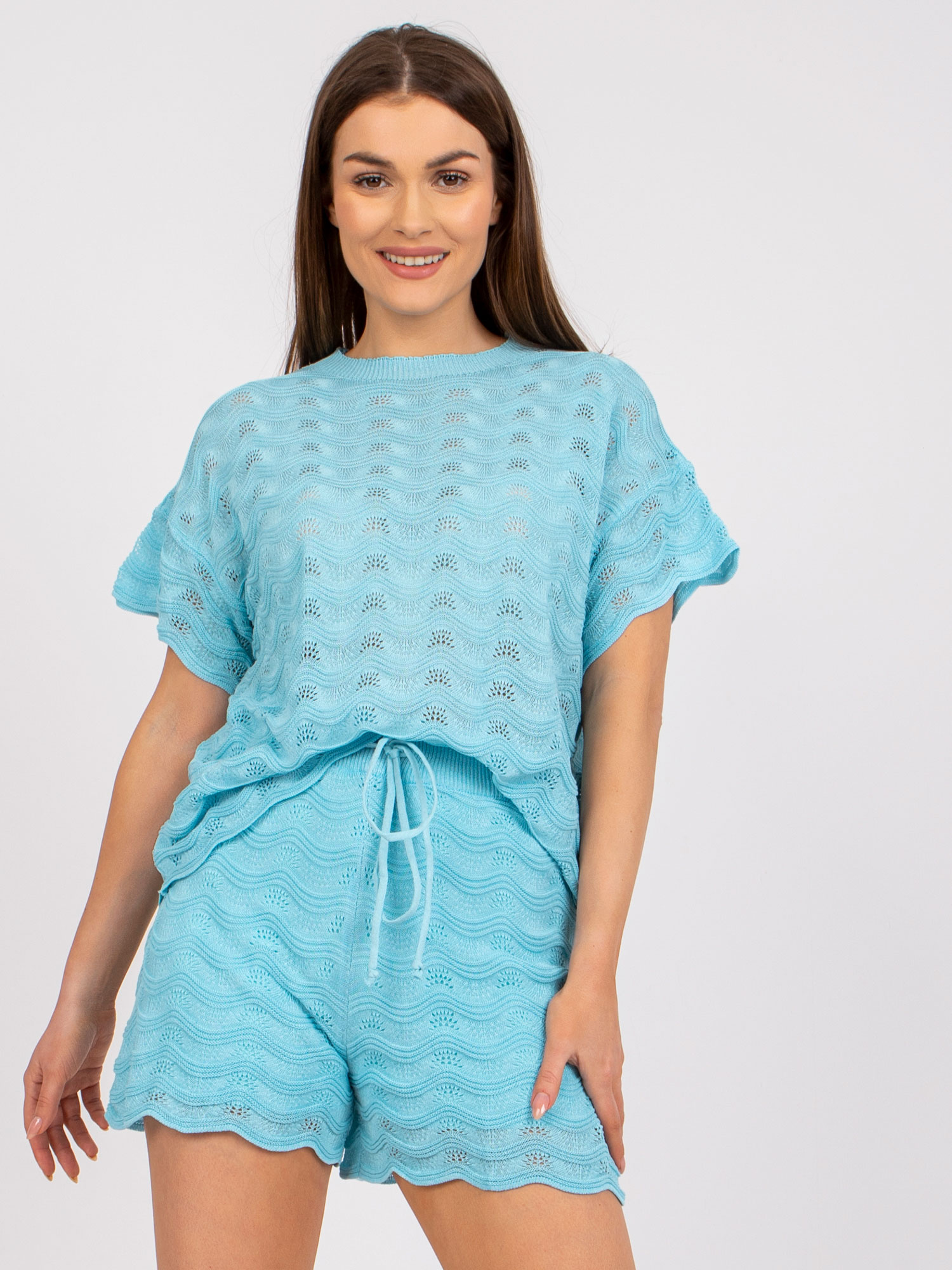 Modrý letný háčkovaný komplet šortiek a trička -EM-KMPL-3879.73Pblue Veľkosť: ONE SIZE