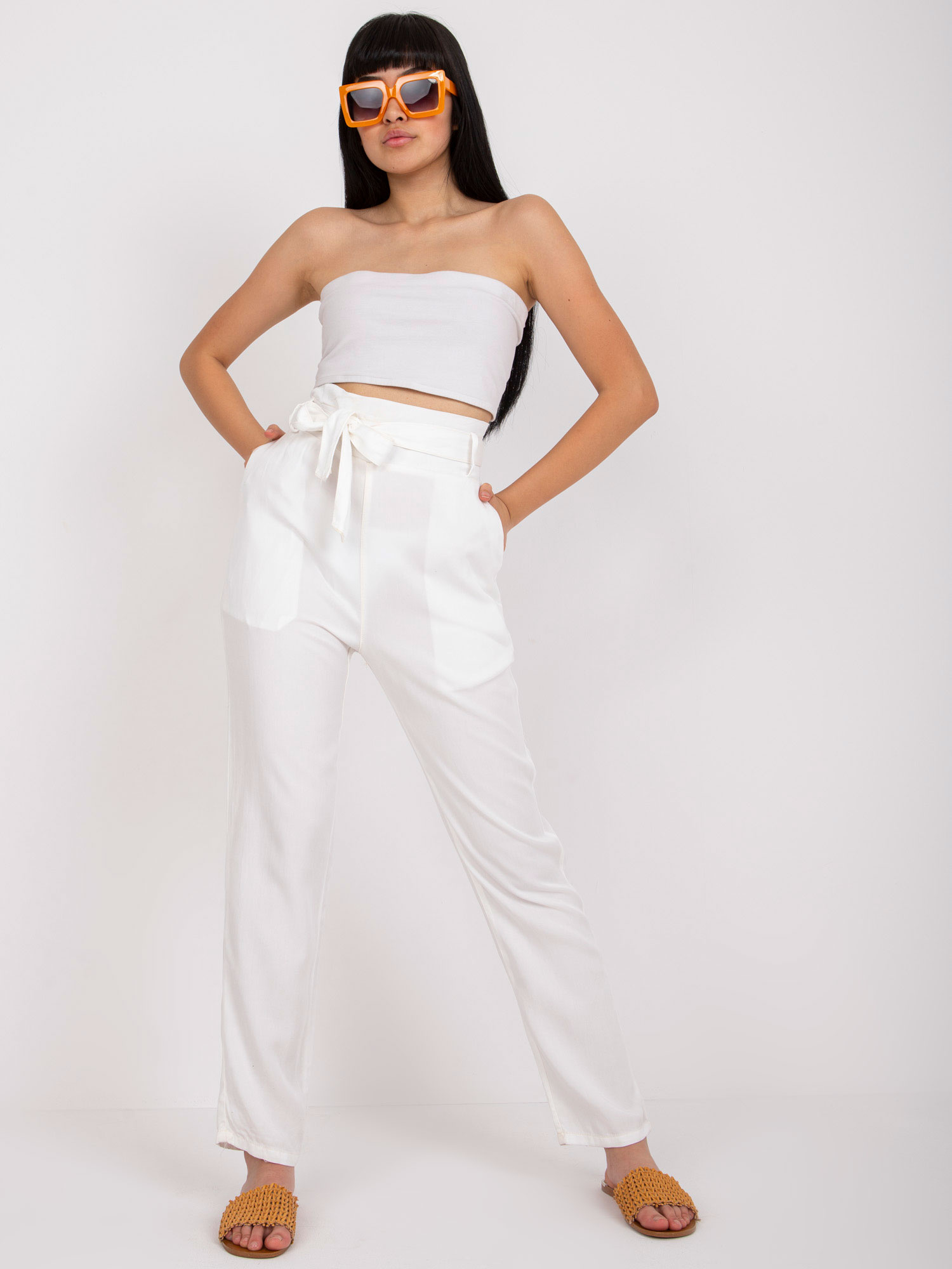 Smotanové nohavice s mašľou v páse -EM-SP-6900.42P-ecru Veľkosť: XS