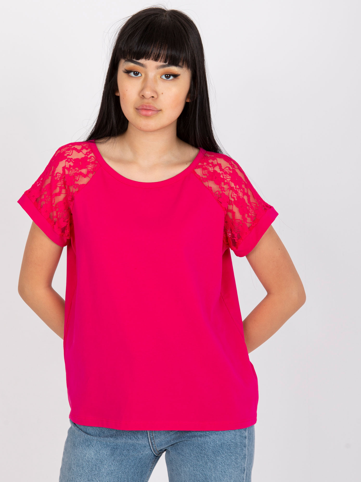 Ružové dámske tričko s čipkovými rukávmi RV-BZ-7841.29-fuchsia Veľkosť: L/XL