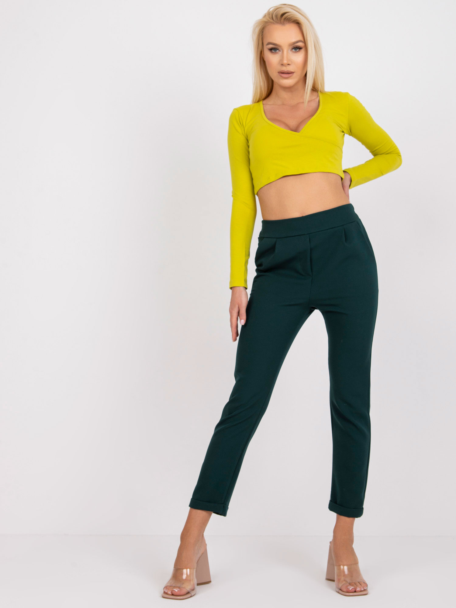 Tmavozelené elegantné nohavice -DHJ-SP-13926.02-dark green Veľkosť: S