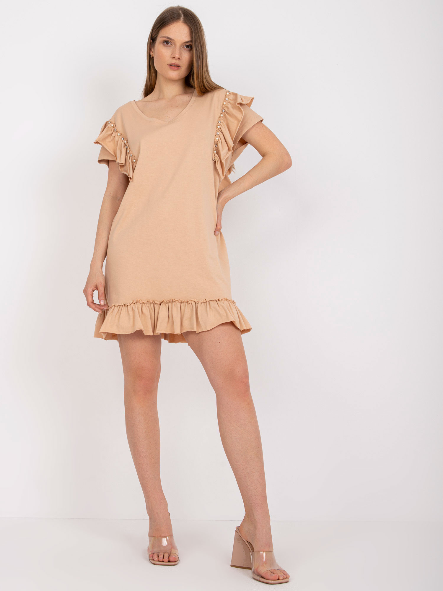 Béžové šaty s volánikmi FA-SK-7017.72P-beige Veľkosť: ONE SIZE