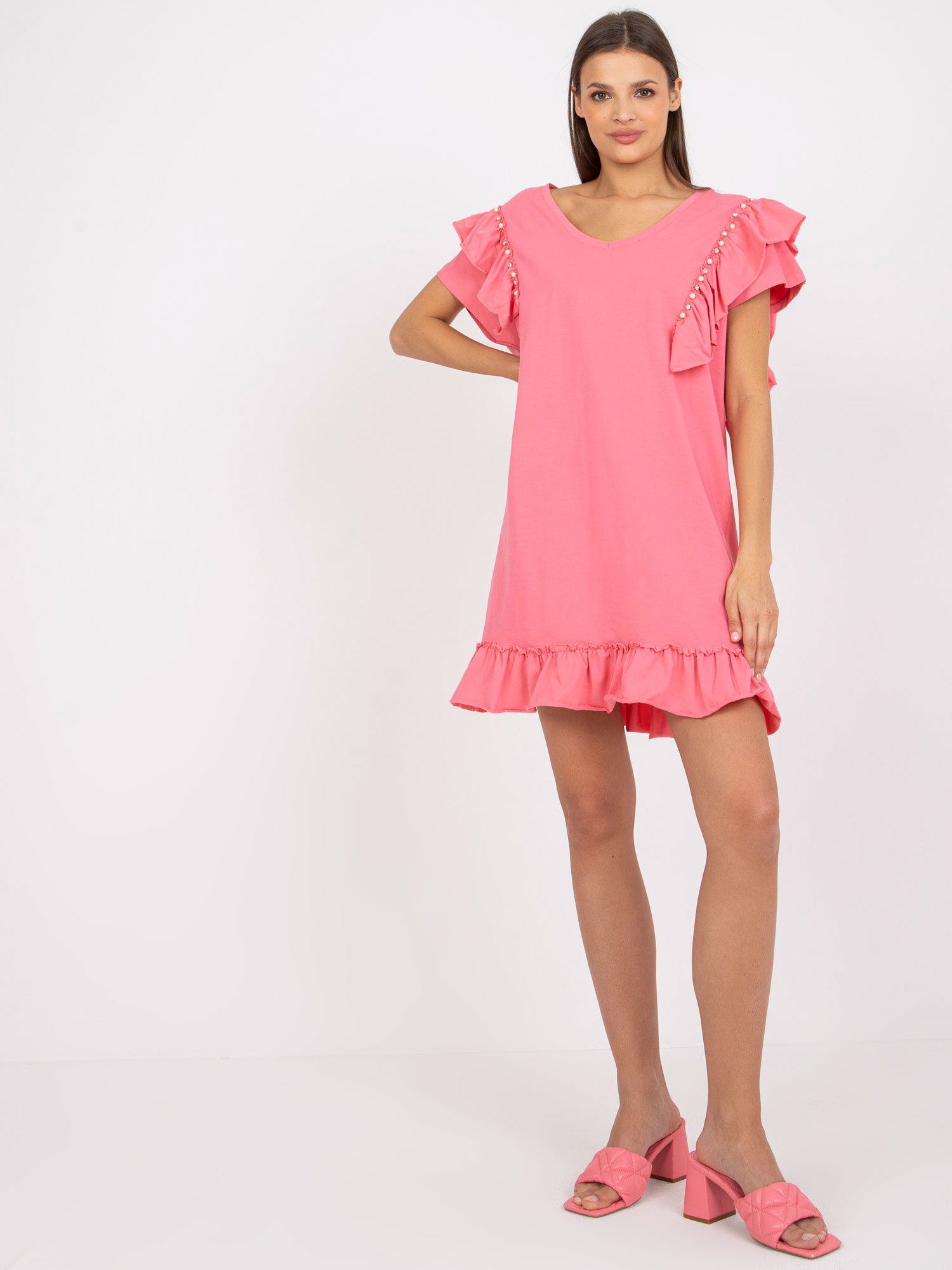 Ružové šaty s volánikmi -FA-SK-7017.72P-pink Veľkosť: ONE SIZE