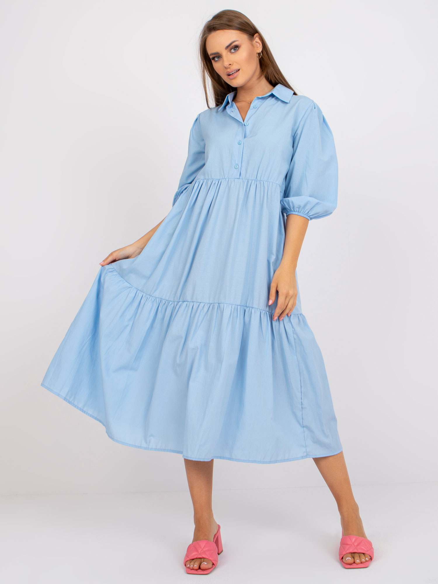 Modré midi šaty s balónovými rukávmi -RO-SK-ELB-2310.21X-light blue Veľkosť: S