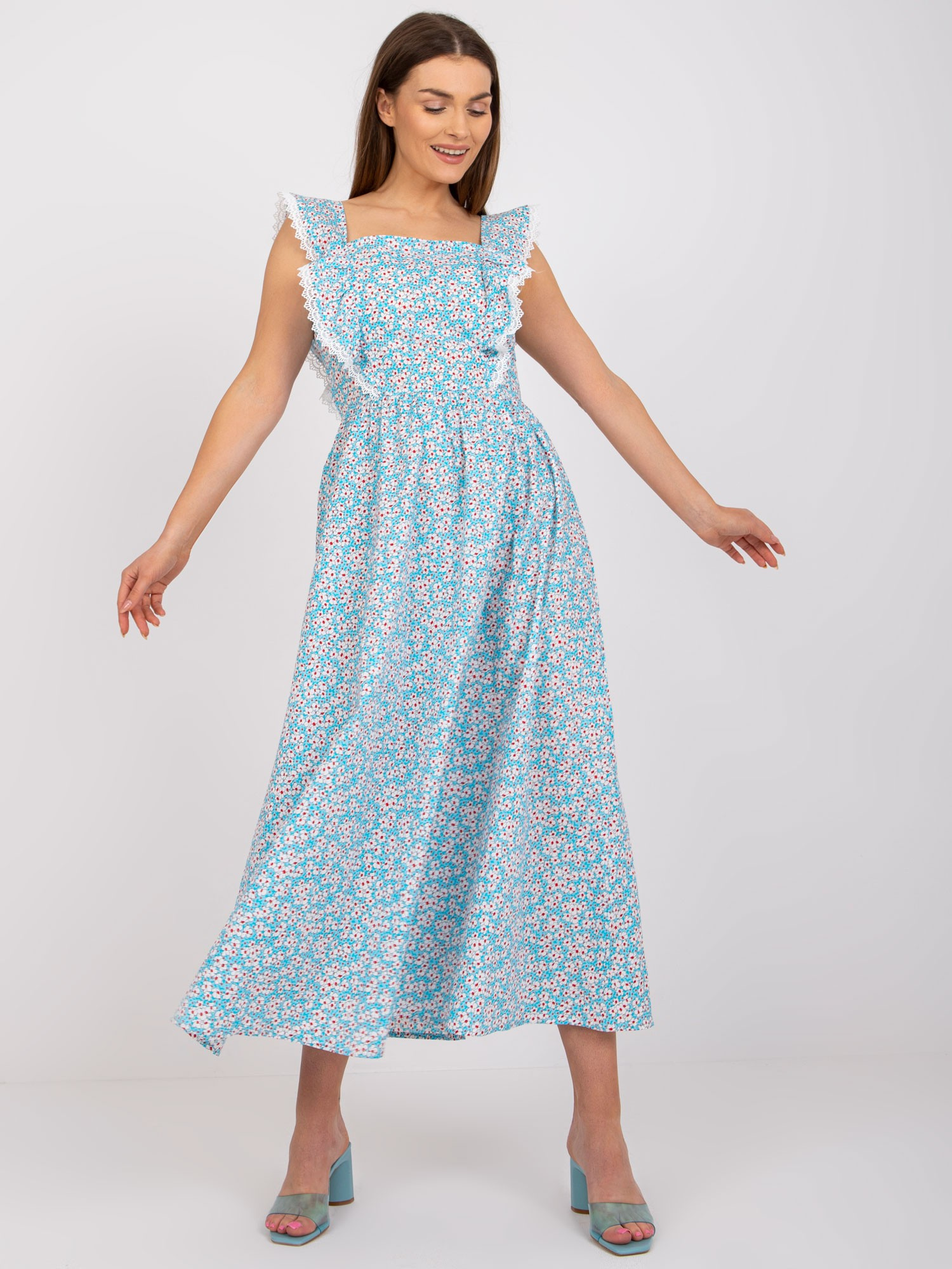 Modré kvetované midi šaty -EM-SK-229.59P-blue Veľkosť: S