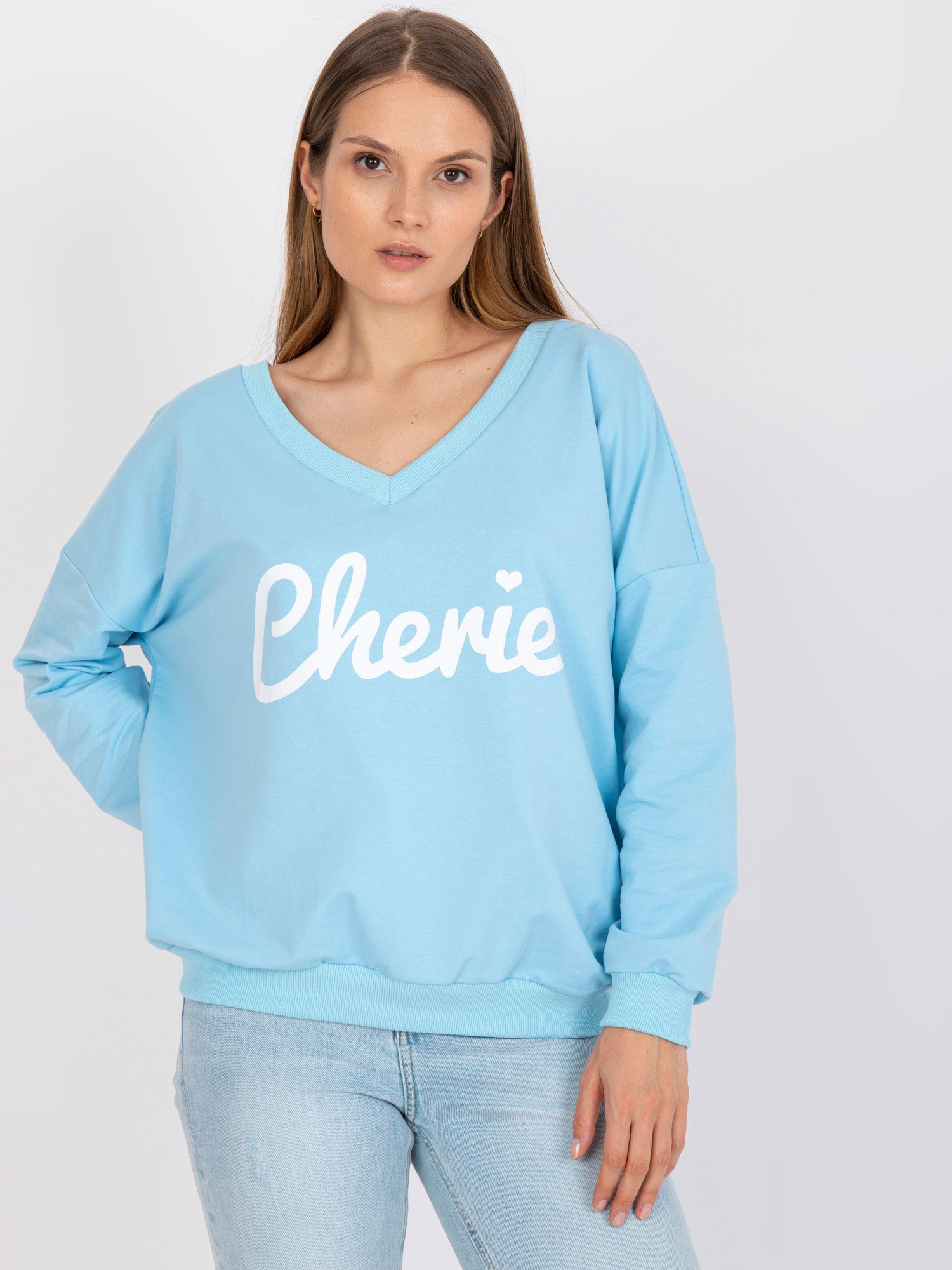 Svetlomodrá dámska mikina s bielym nápisom FA-BL-7754.55P-light blue Veľkosť: ONE SIZE