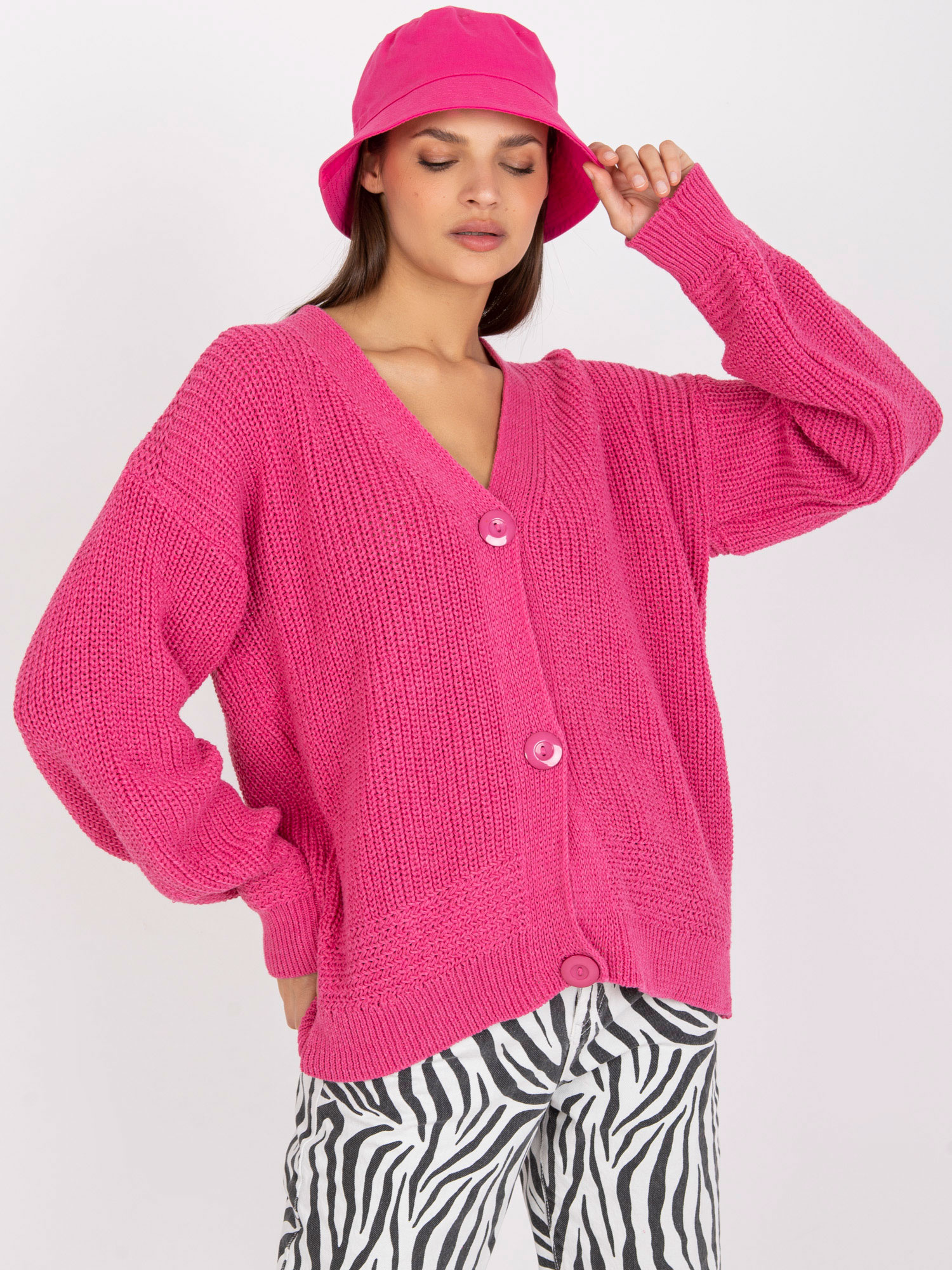 Ružový dámsky sveter na gombíky LC-SW-0249.24P-pink Veľkosť: ONE SIZE