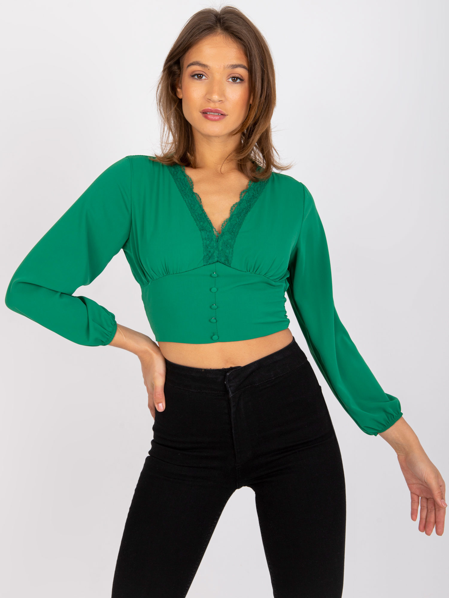 Zelená blúzka s čipkou -DHJ-BZ-15672.40-green Veľkosť: ONE SIZE