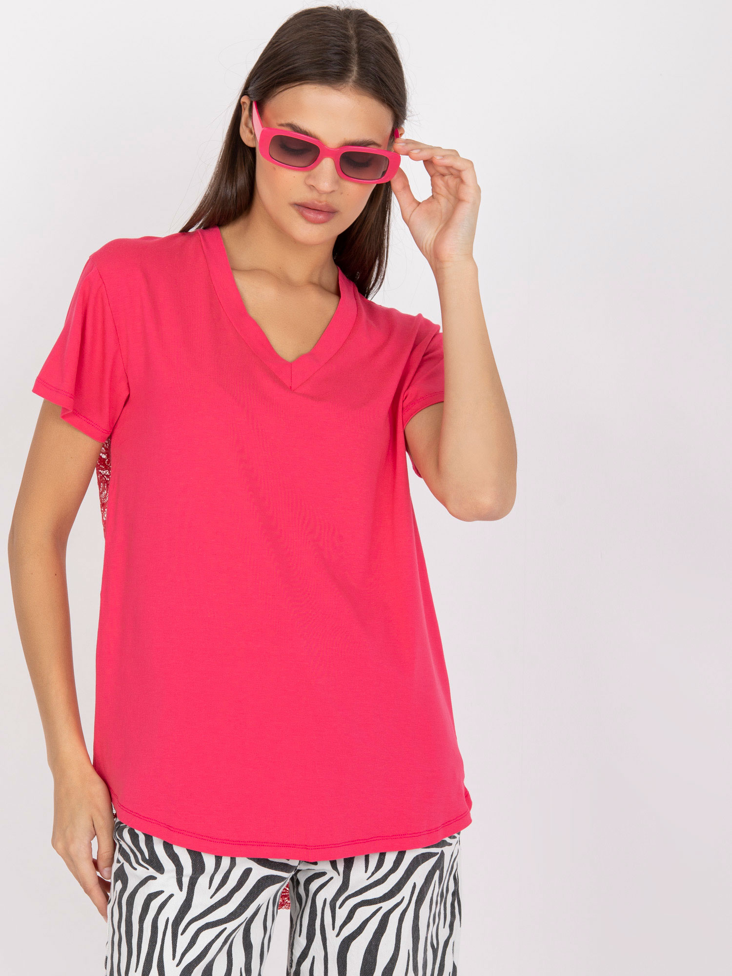 Ružové tričko s čipkou na chrbte -FA-BZ-7724.92P-pink Veľkosť: ONE SIZE