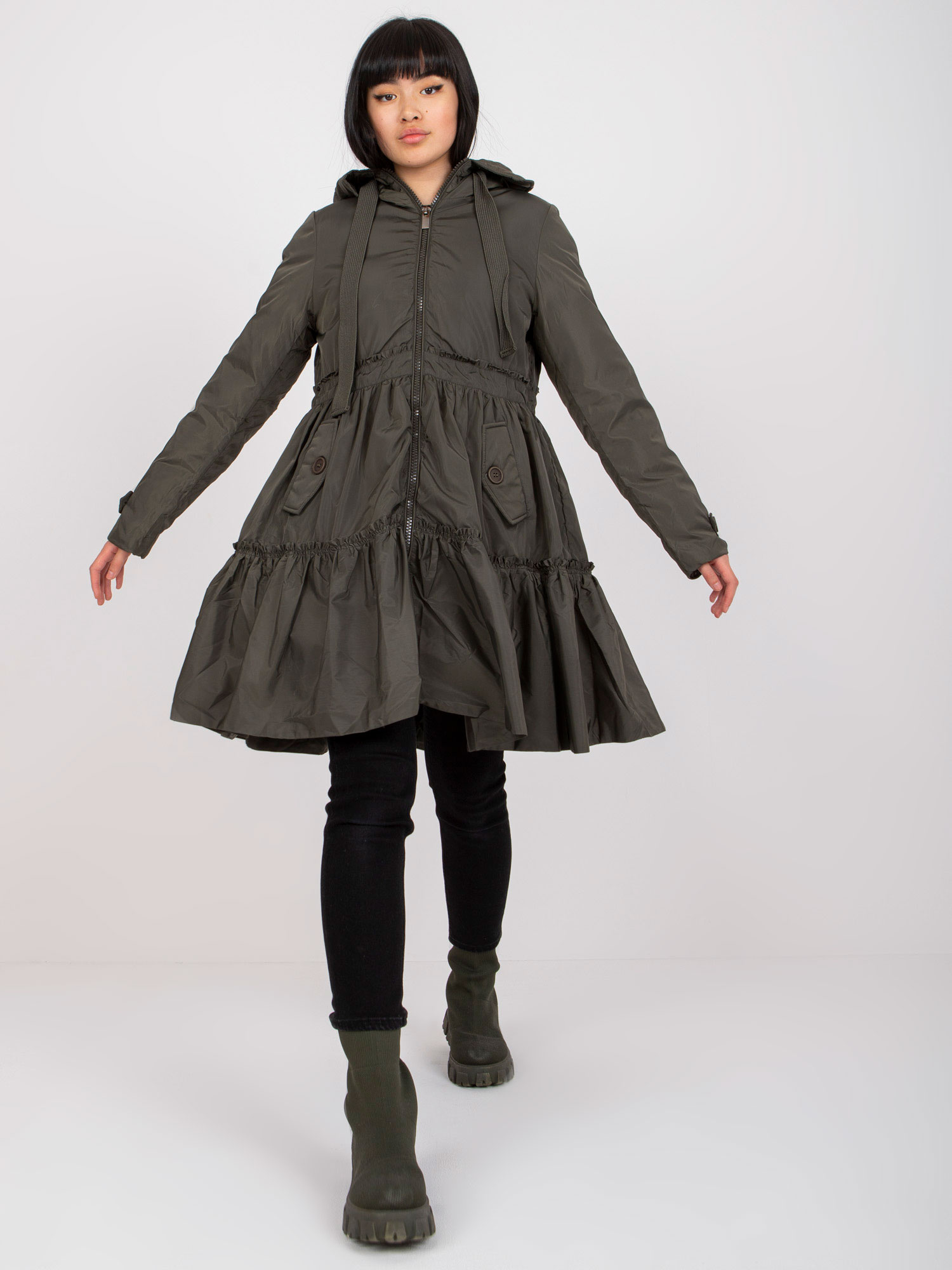 Dlhšia khaki bunda šatového strihu -EM-KR-MB8726.97P-khaki Veľkosť: S