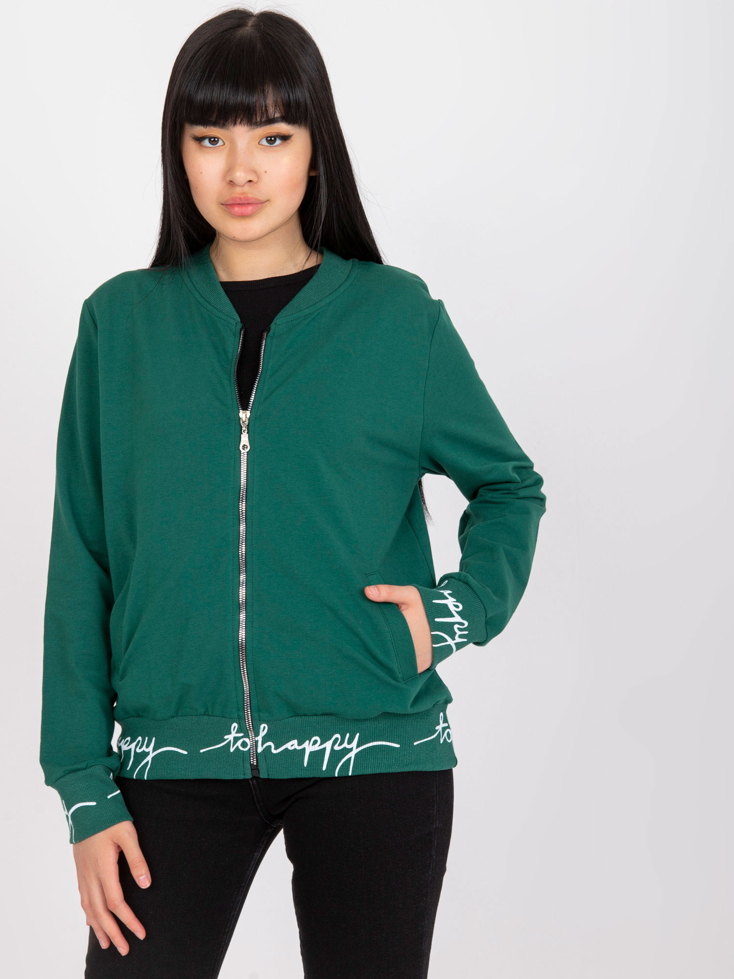 Zelená mikina "Happy" v štýle bomberu -RV-BL-7809.37X-green Veľkosť: S/M