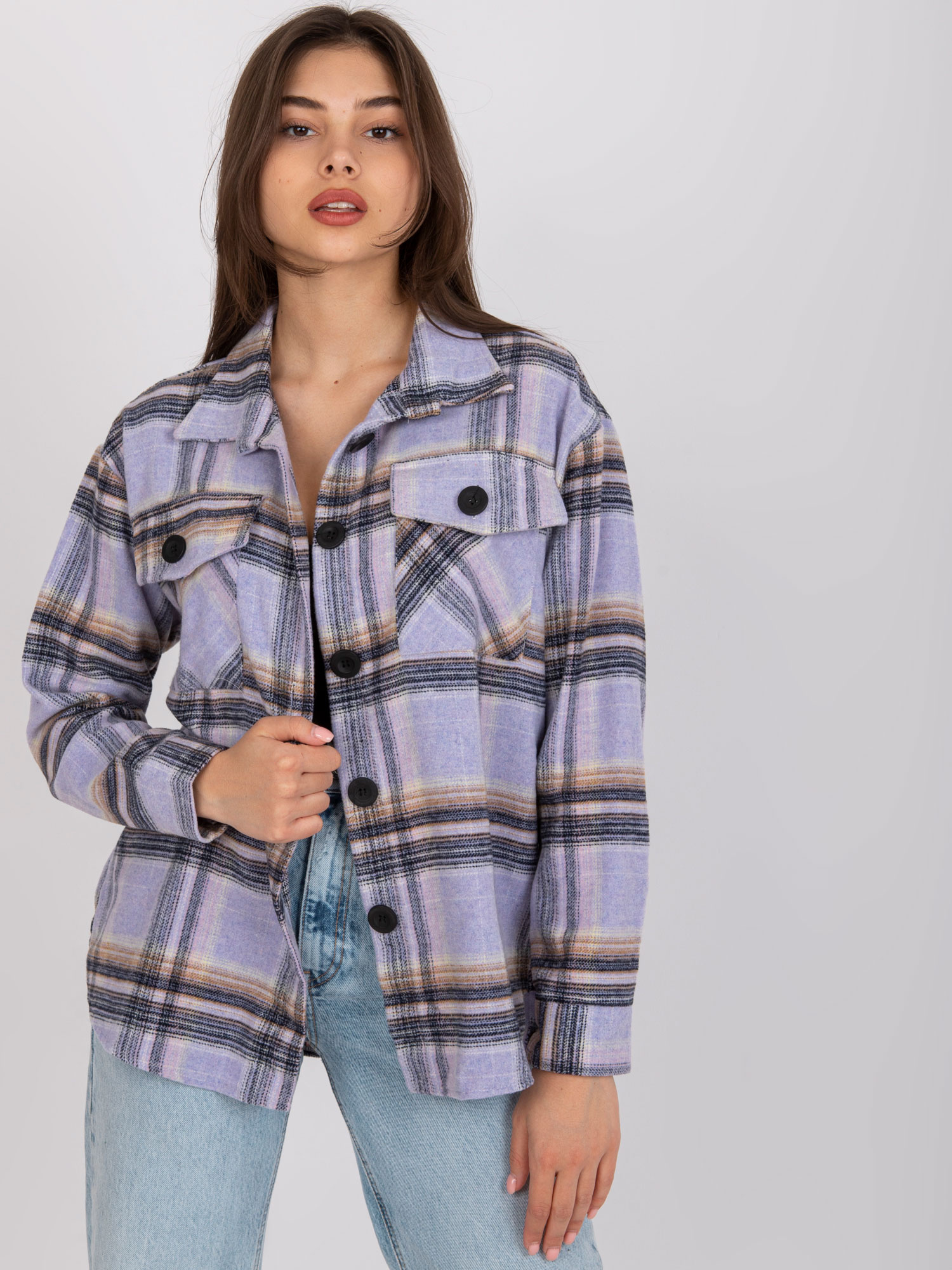 Čierno-fialová dámska károvaná košeľa EM-KS-15178-1.78P-purple Veľkosť: ONE SIZE