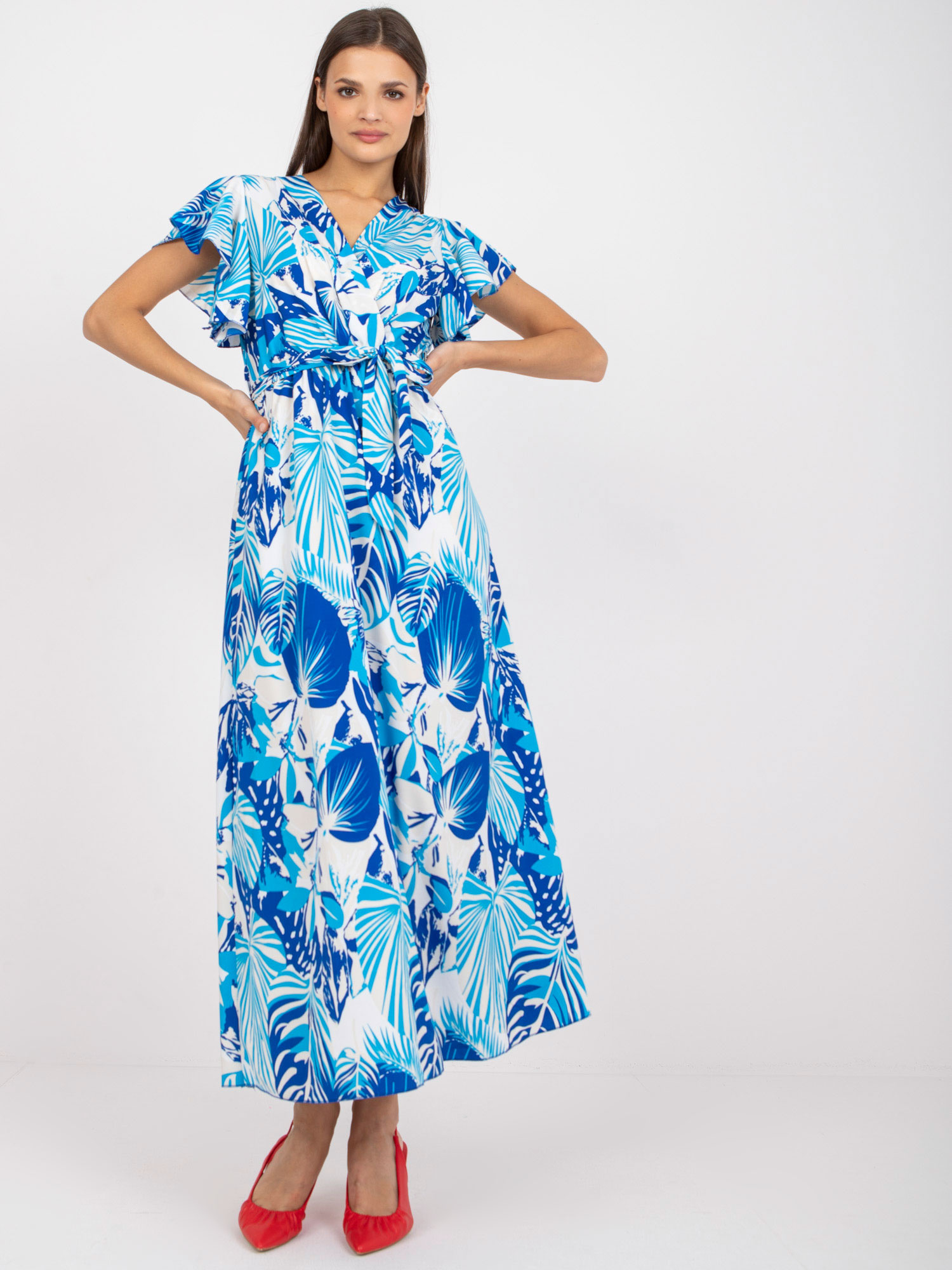 Bielo-modré šaty s potlačou listov -DHJ-SK-13203-1.03X-white-blue Veľkosť: ONE SIZE