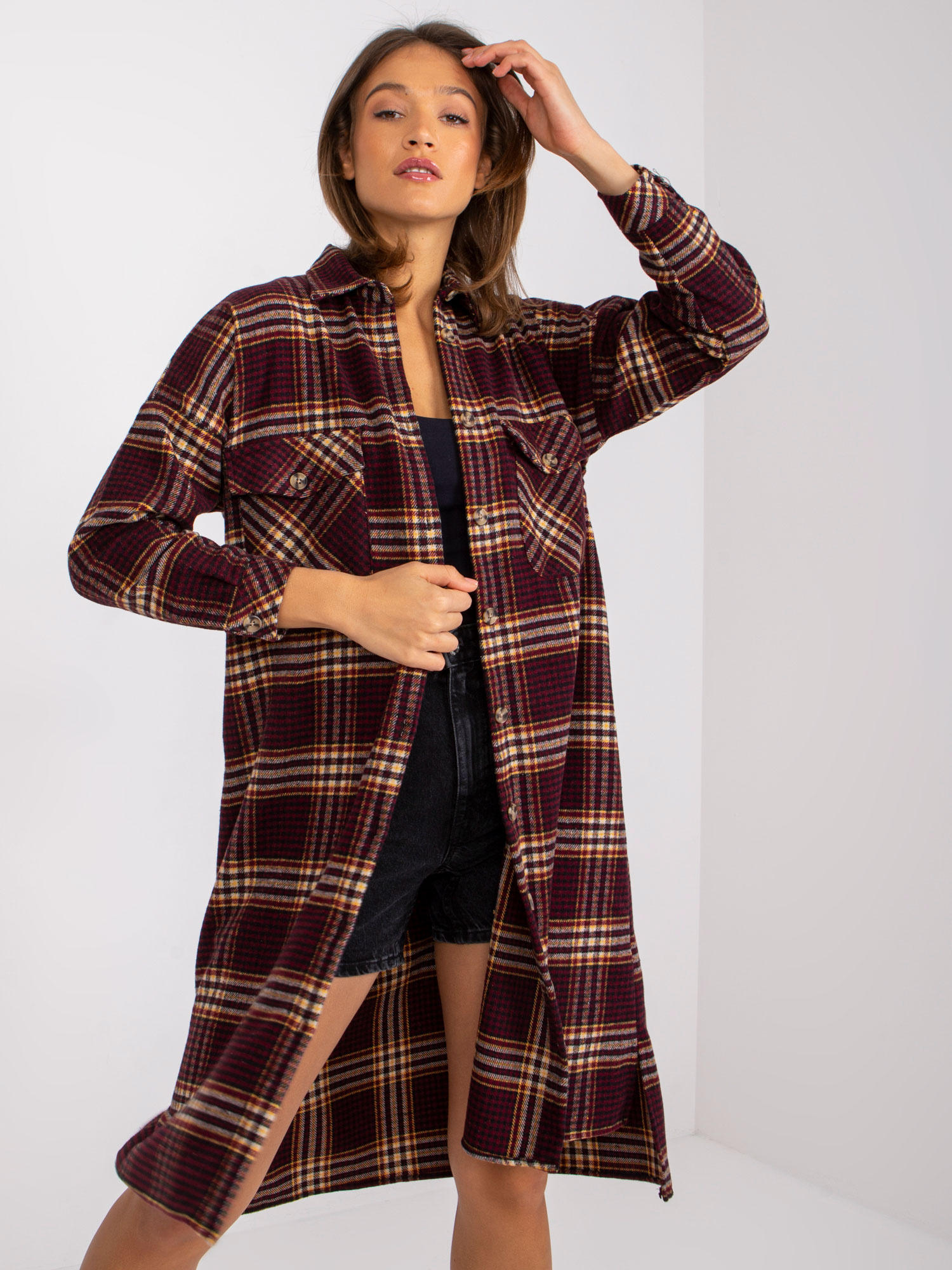 Vínová károvaná dlhá košeľa -EM-KS-002/06.11P-bordo Veľkosť: ONE SIZE