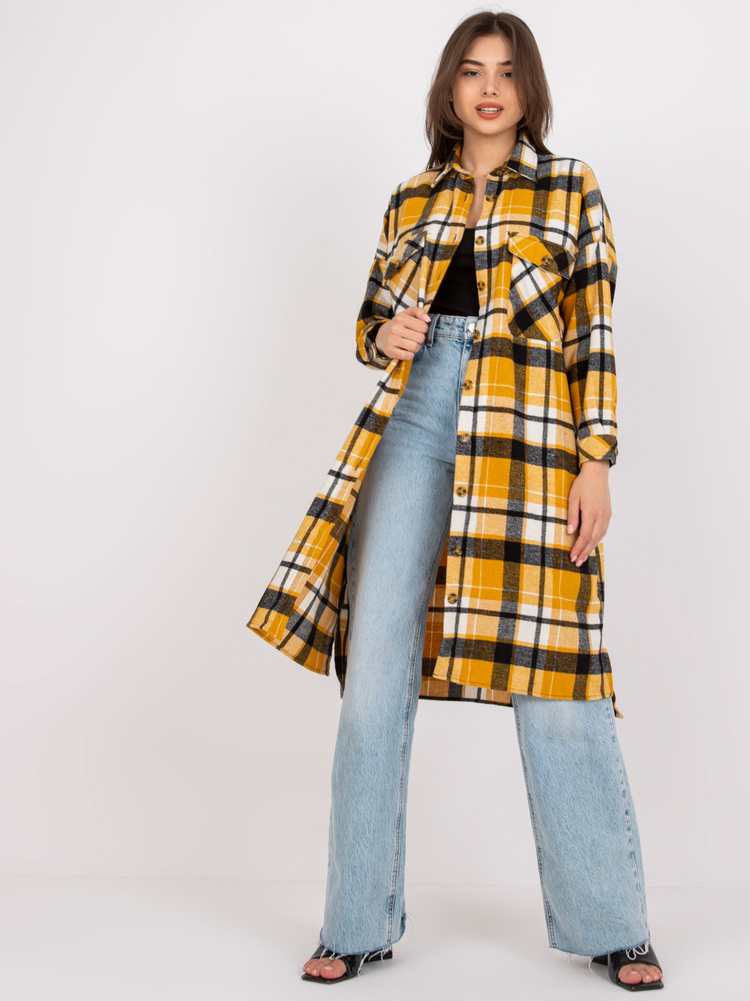 Žltočierna dlhá károvaná košeľa -EM-KS-002/07.57-yellow Veľkosť: ONE SIZE