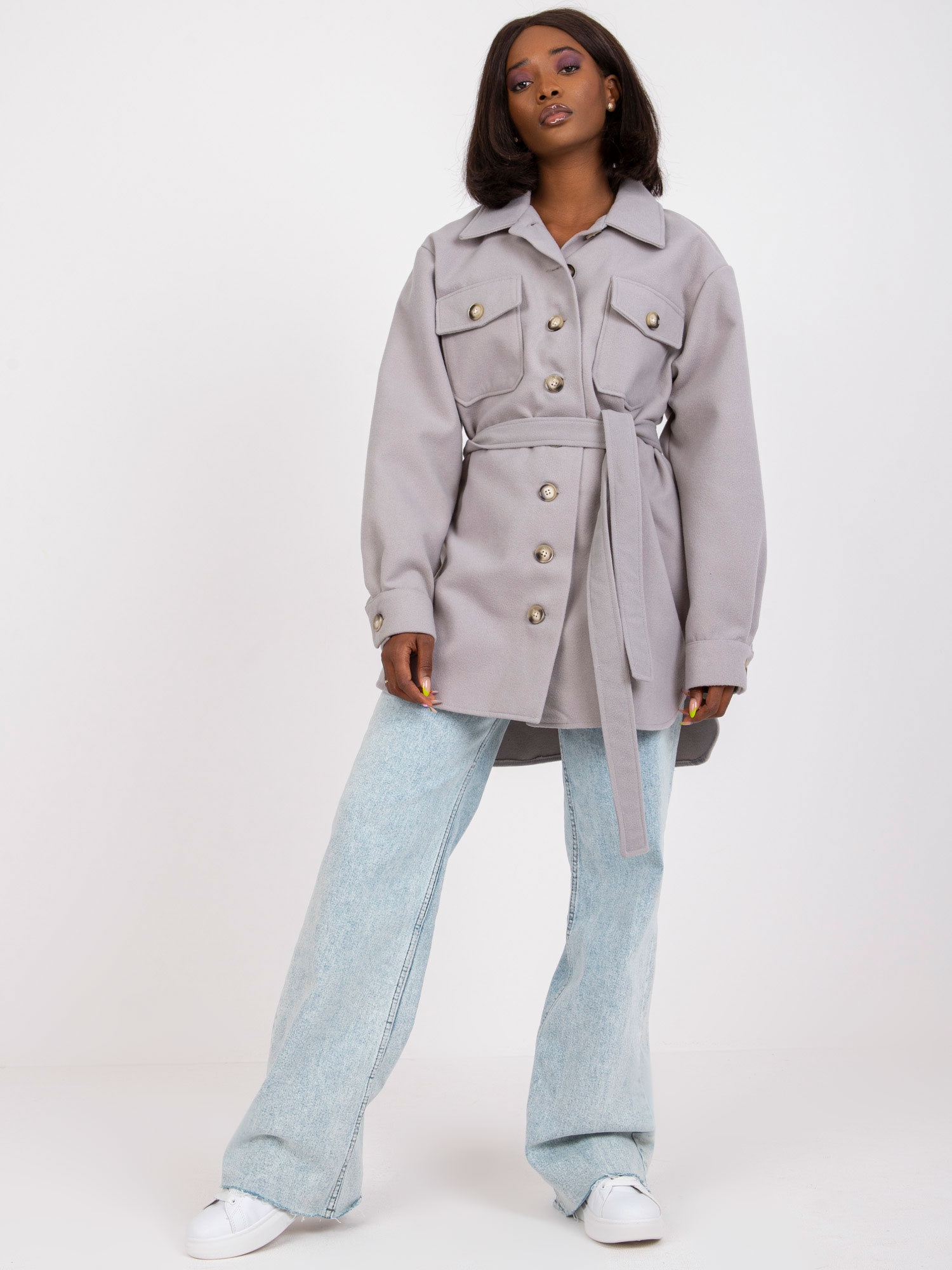 Sivá košeľová bunda s opaskom -LK-KS-508481.88-grey Veľkosť: L/XL