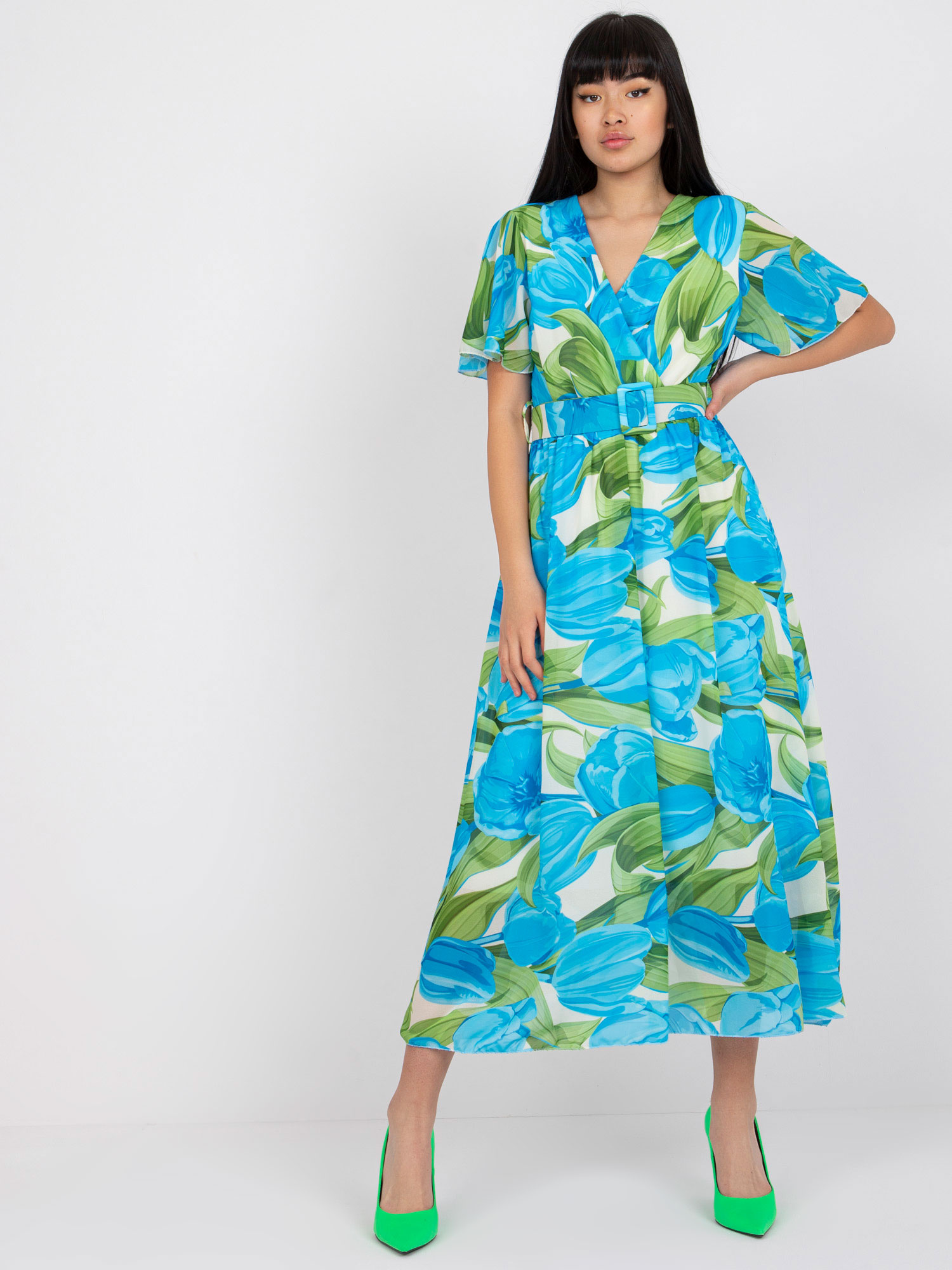 Modré midi šaty so vzorom tulipánov -DHJ-SK-15967.54P-blue Veľkosť: ONE SIZE