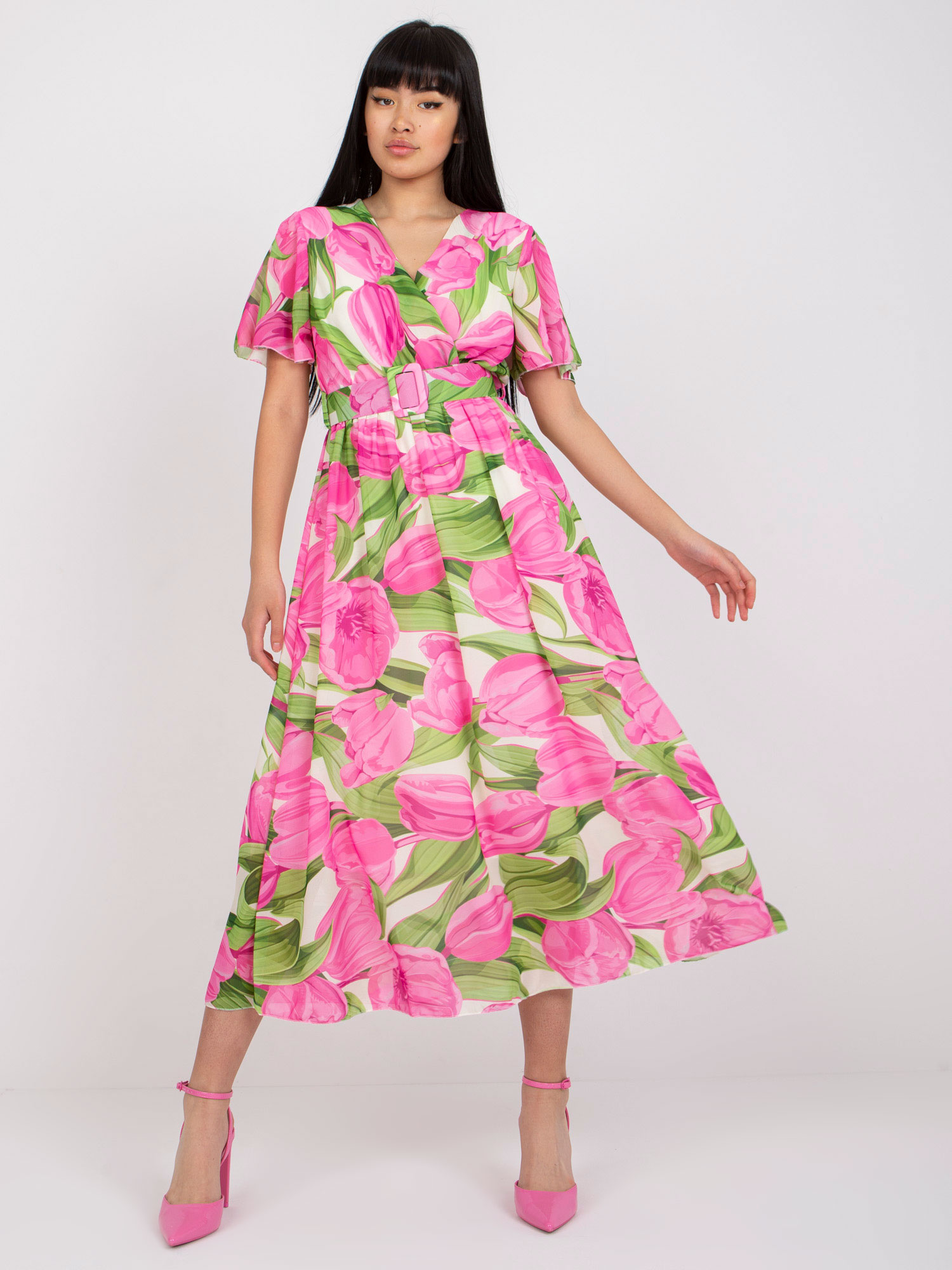 Ružové midi šaty so vzorom tulipánov -DHJ-SK-15967.54P-pink Veľkosť: ONE SIZE
