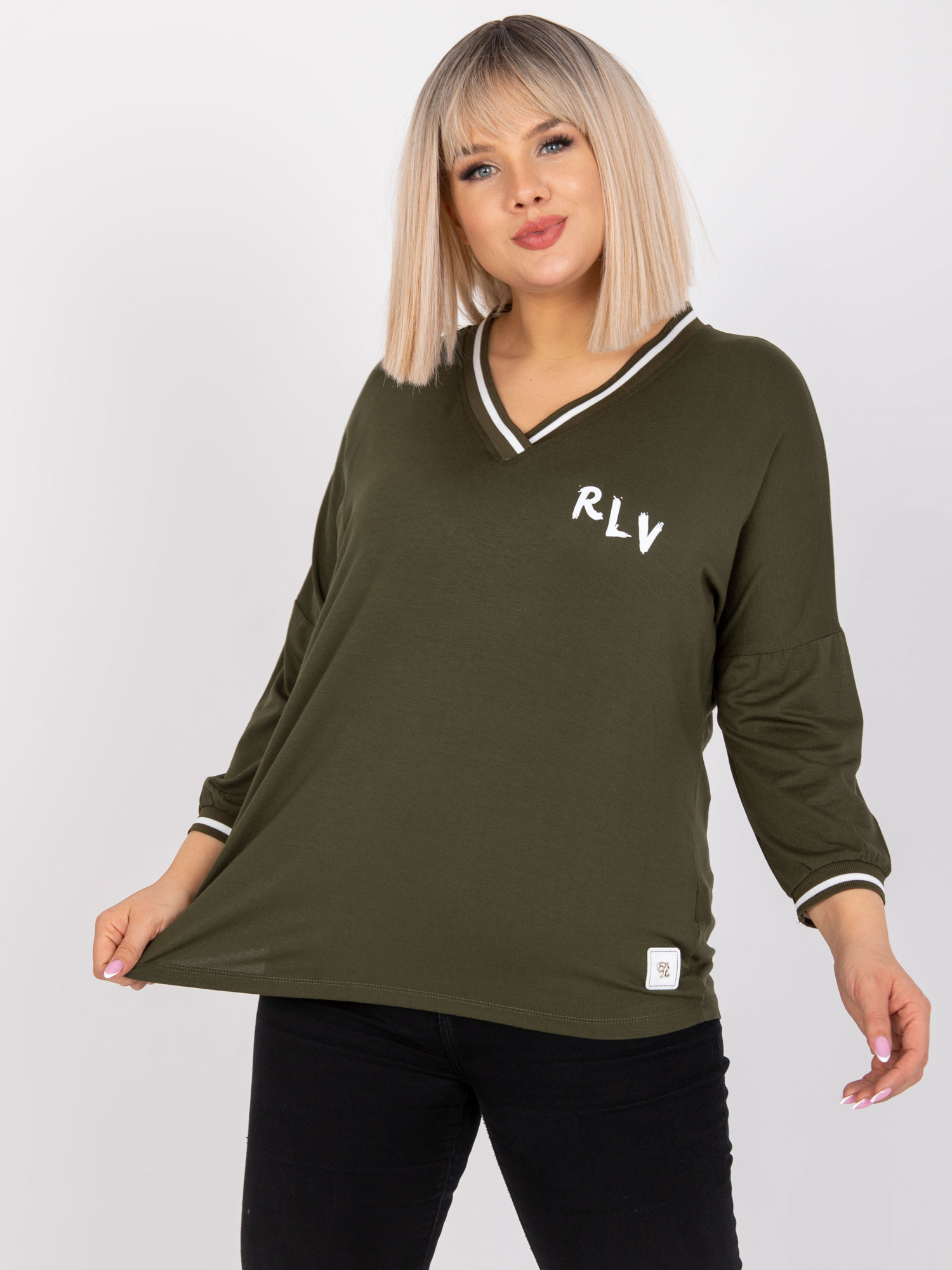 Khaki blúzka Marianna s pruhovanými lemami -RV-BZ-7583.63P-khaki Veľkosť: ONE SIZE