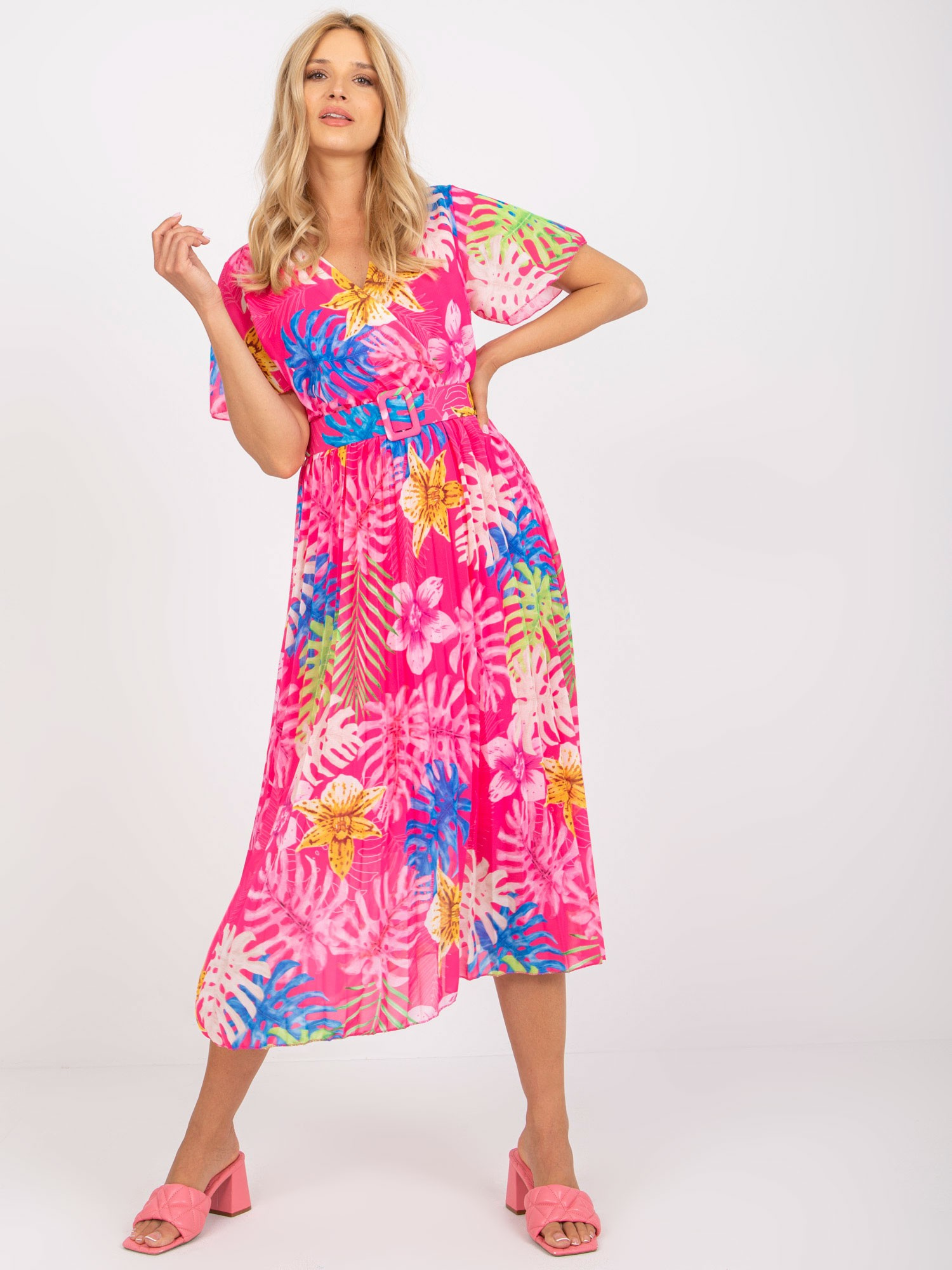 Ružové midi šaty s tropickým vzorom -DHJ-SK-11331-4.99-pink Veľkosť: ONE SIZE