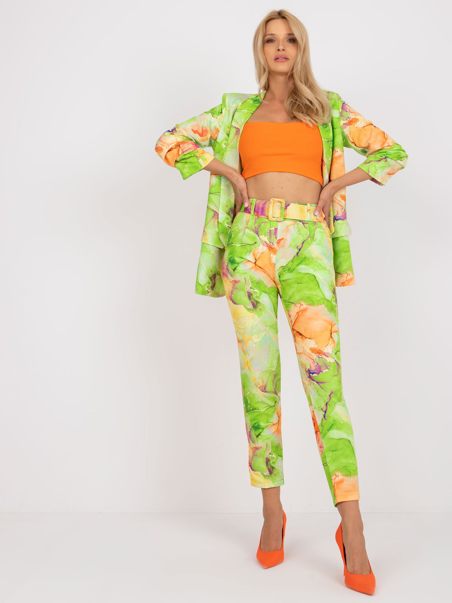 Svetlozelené dámske vzorované nohavice s opaskom DHJ-SP-12787A.29X-light green Veľkosť: S