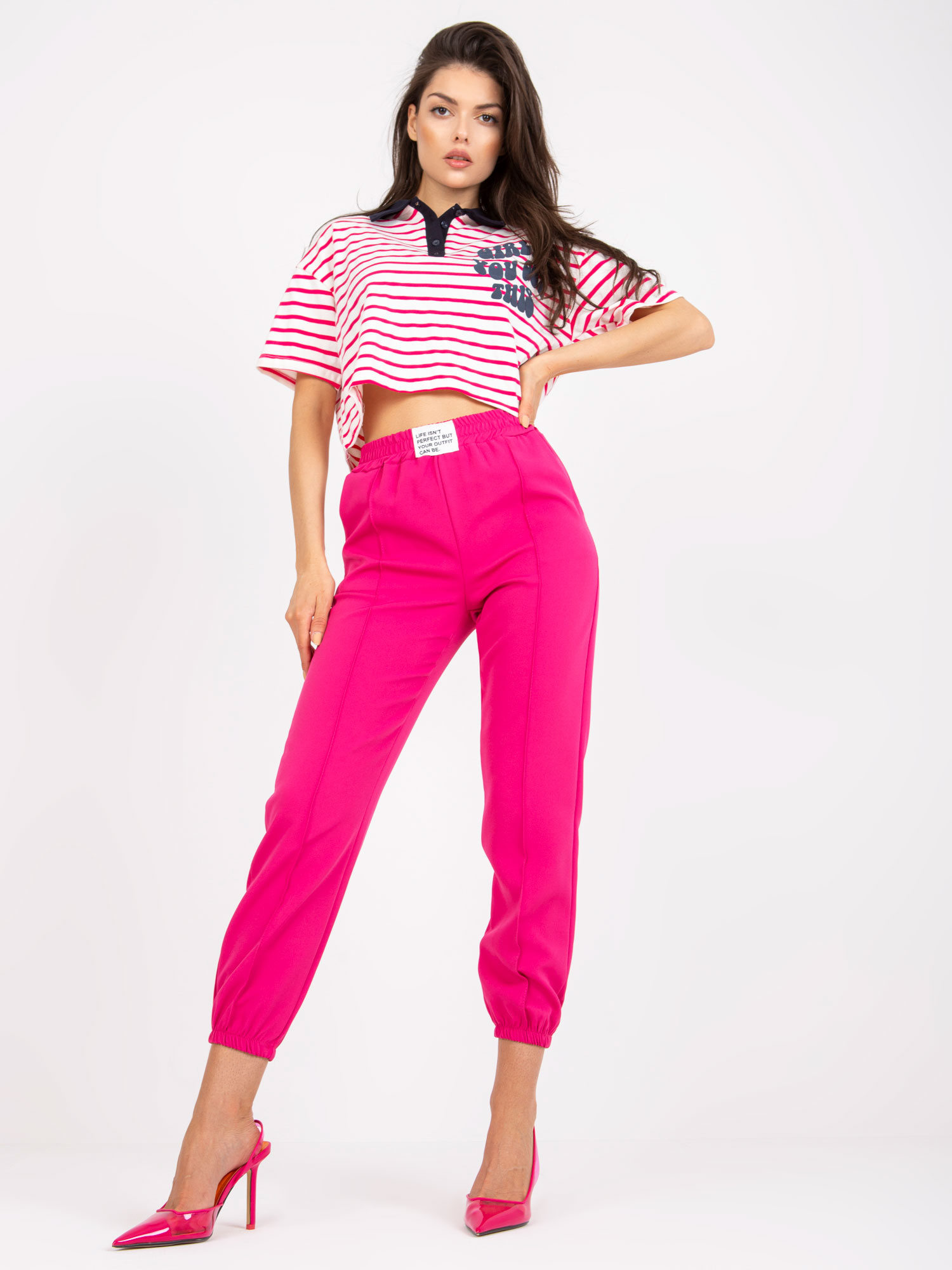 Tmavoružové dámske tepláky s vysokým pásom DHJ-SP-15832.64-fuchsia Veľkosť: M