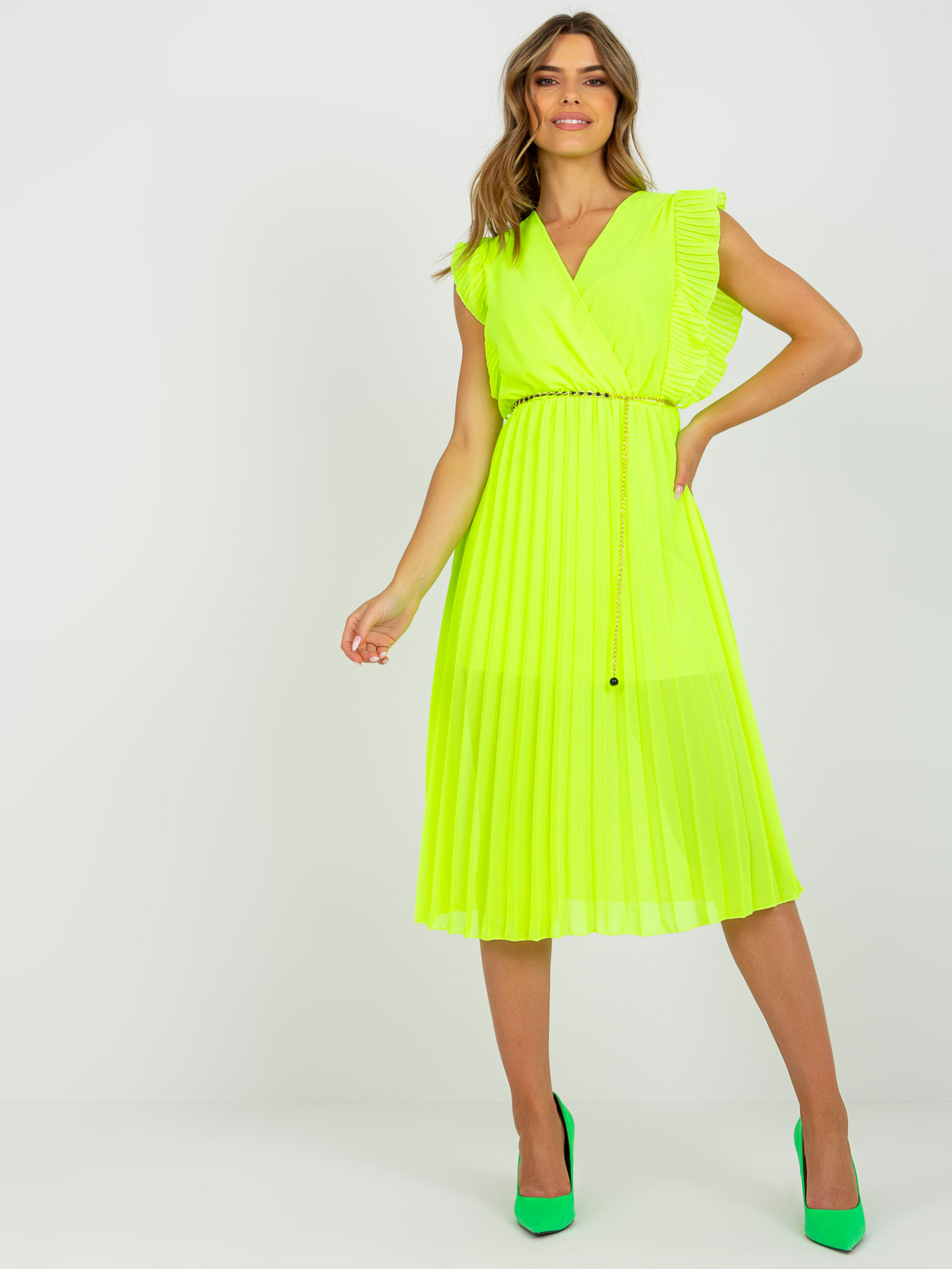 Neónovo žlté plisované midišaty z viskózy -DHJ-SK-1155.85-fluo yellow Veľkosť: ONE SIZE