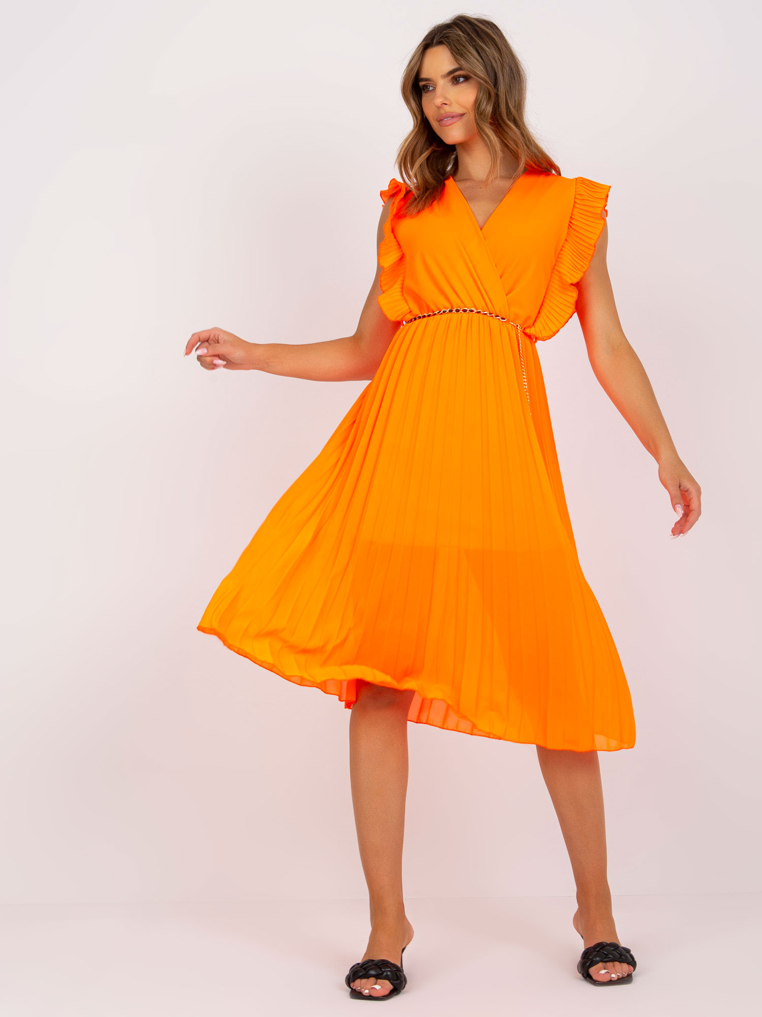 Oranžové plisované midišaty z viskózy -DHJ-SK-1155.85-orange Veľkosť: ONE SIZE