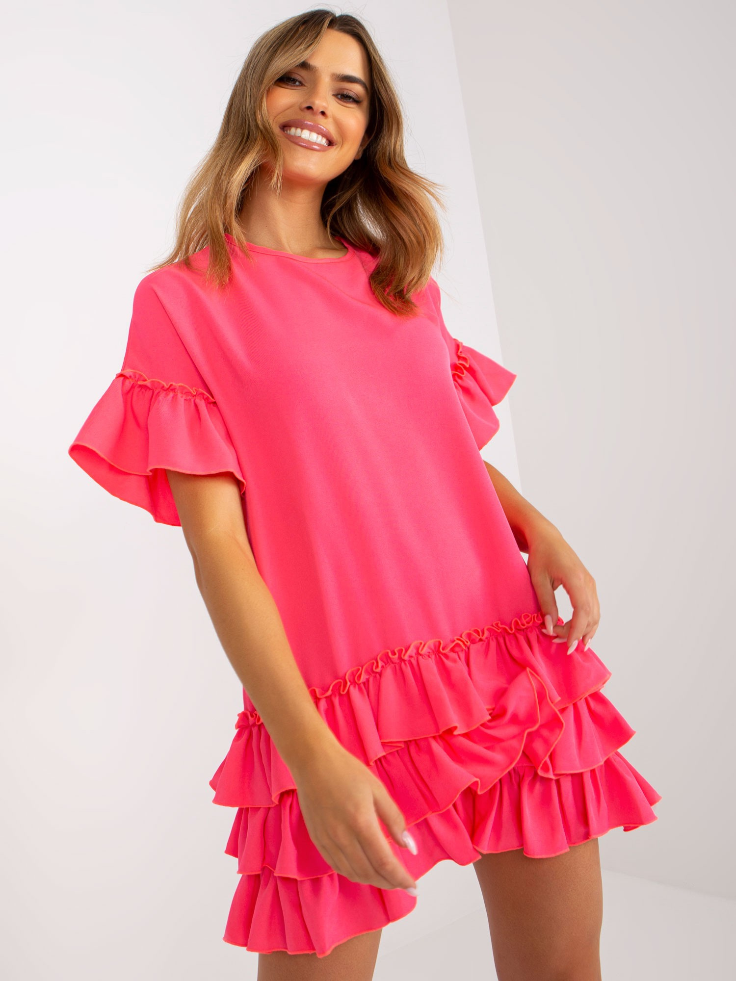 Neónovo ružové šaty s volánikmi -CHA-SK-1422.19-fluo pink Veľkosť: S/M