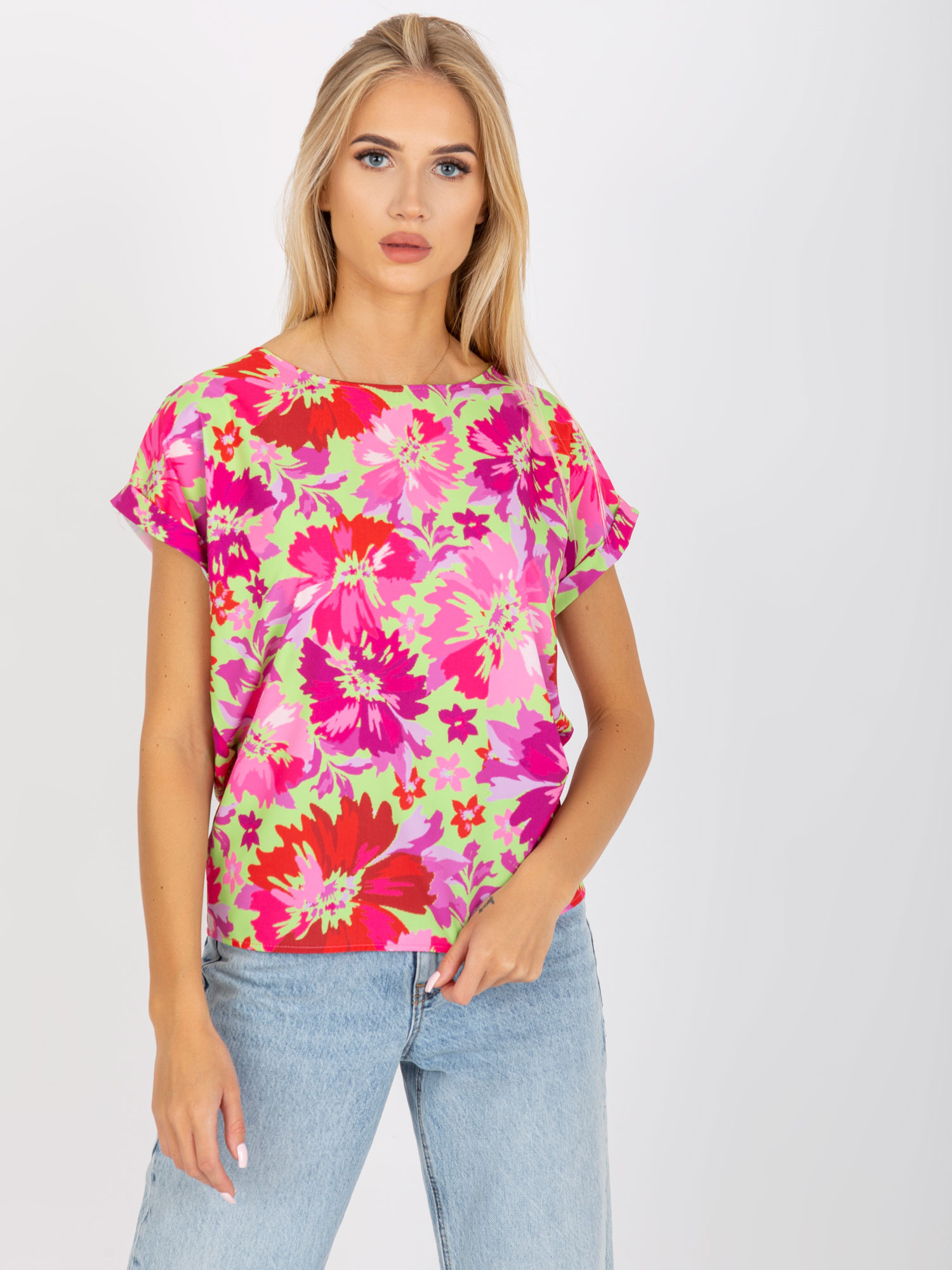 Limetková blúzka s ružovými kvetmi -WN-BZ-4008-6.95 Veľkosť: M