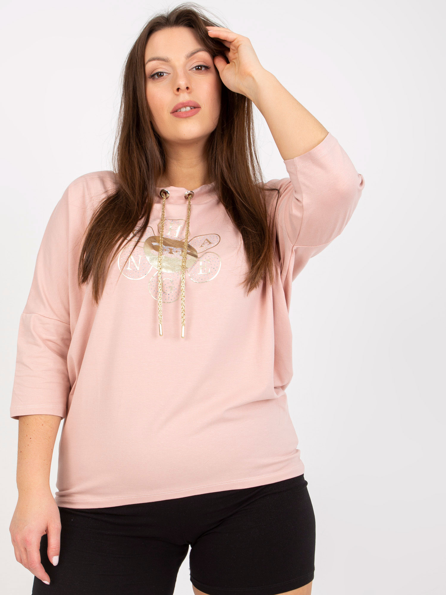 Svetloružová blúzka so zlatou potlačou -RV-BZ-7414.82-light pink Veľkosť: ONE SIZE