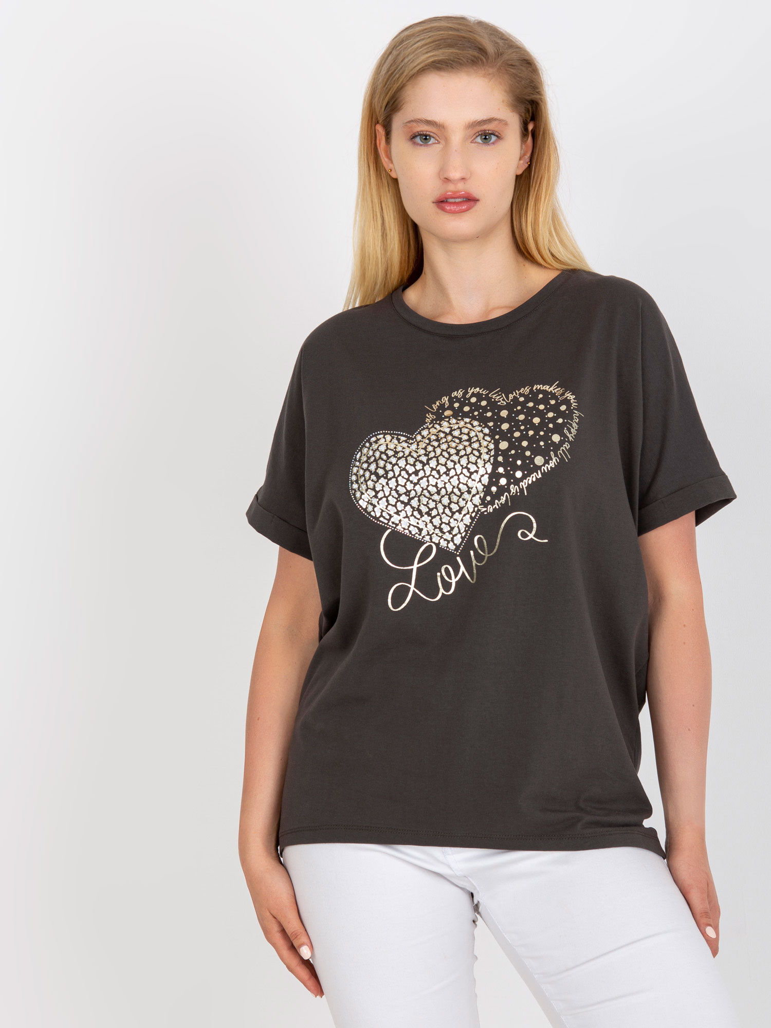 Khaki tričko so srdiečkami z kamienkov RV-TS-7660.88P-khaki Veľkosť: ONE SIZE