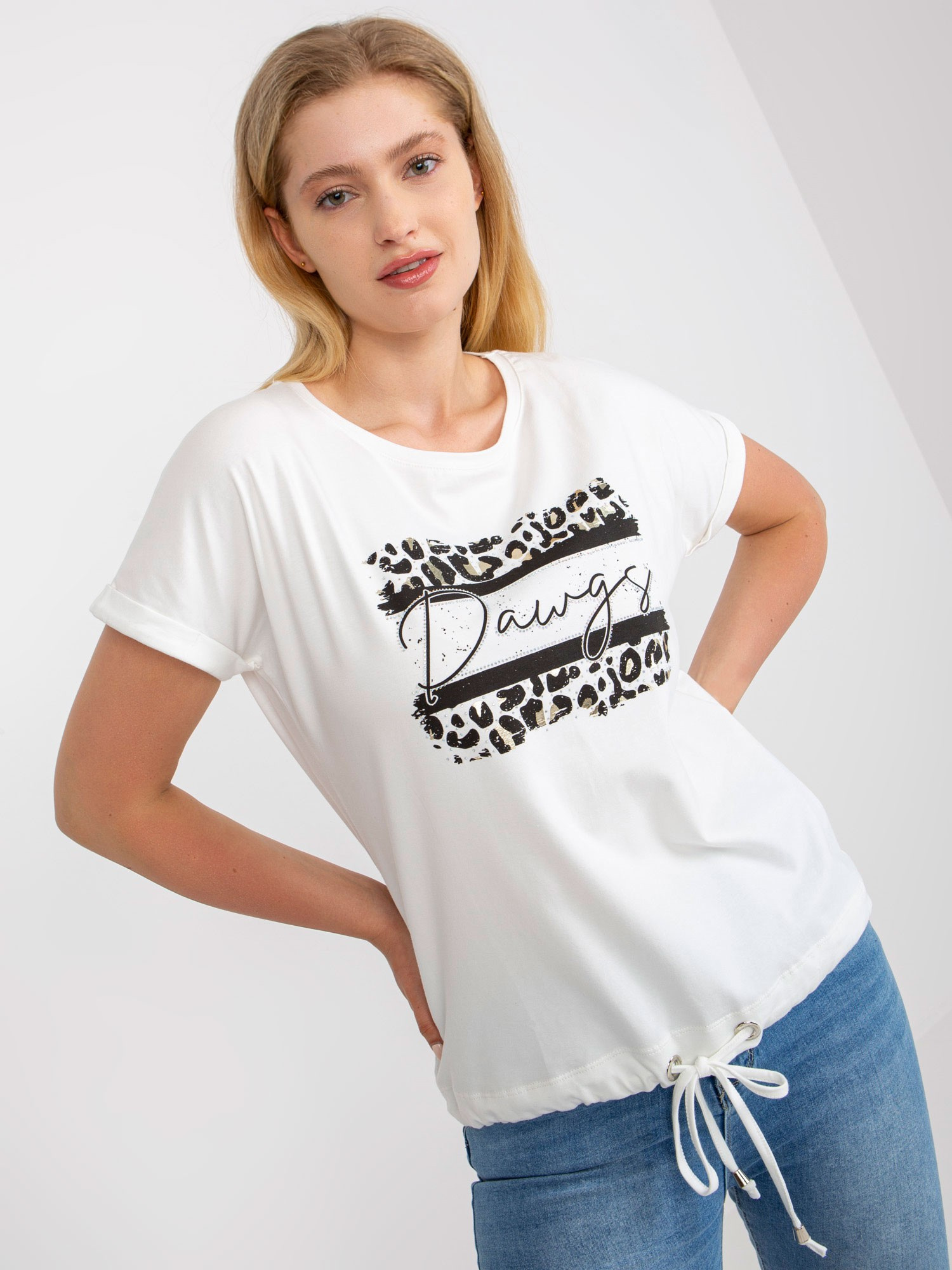 Biele tričko s potlačou, kamienkami a viazaním RV-TS-7657.68P-white Veľkosť: ONE SIZE