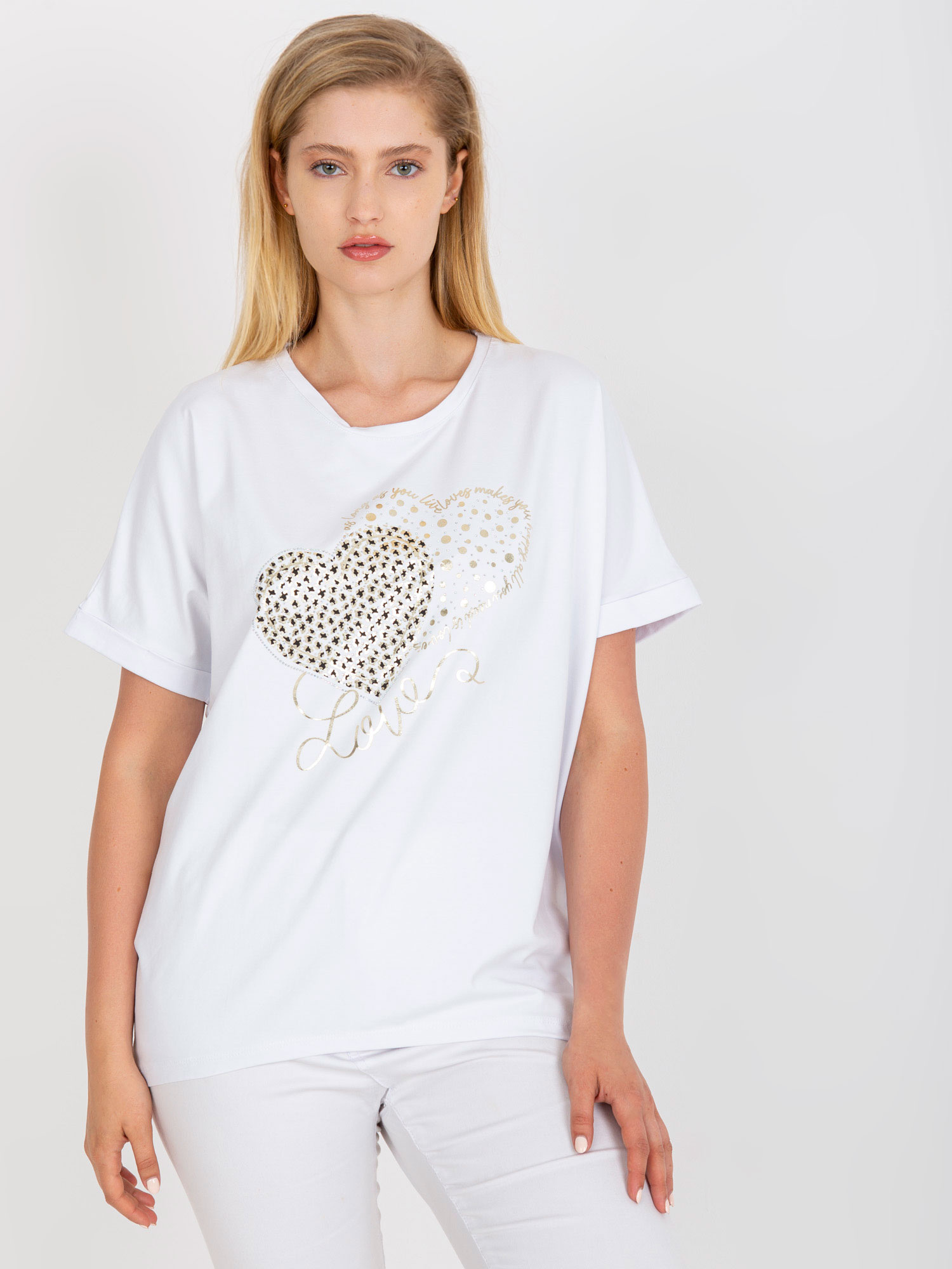 Biele tričko so srdiečkami z kamienkov RV-TS-7660.88P-white Veľkosť: ONE SIZE