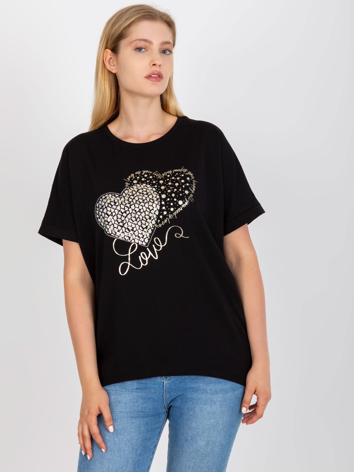 Čierne tričko so srdiečkami z kamienkov RV-TS-7660.88P-black Veľkosť: ONE SIZE