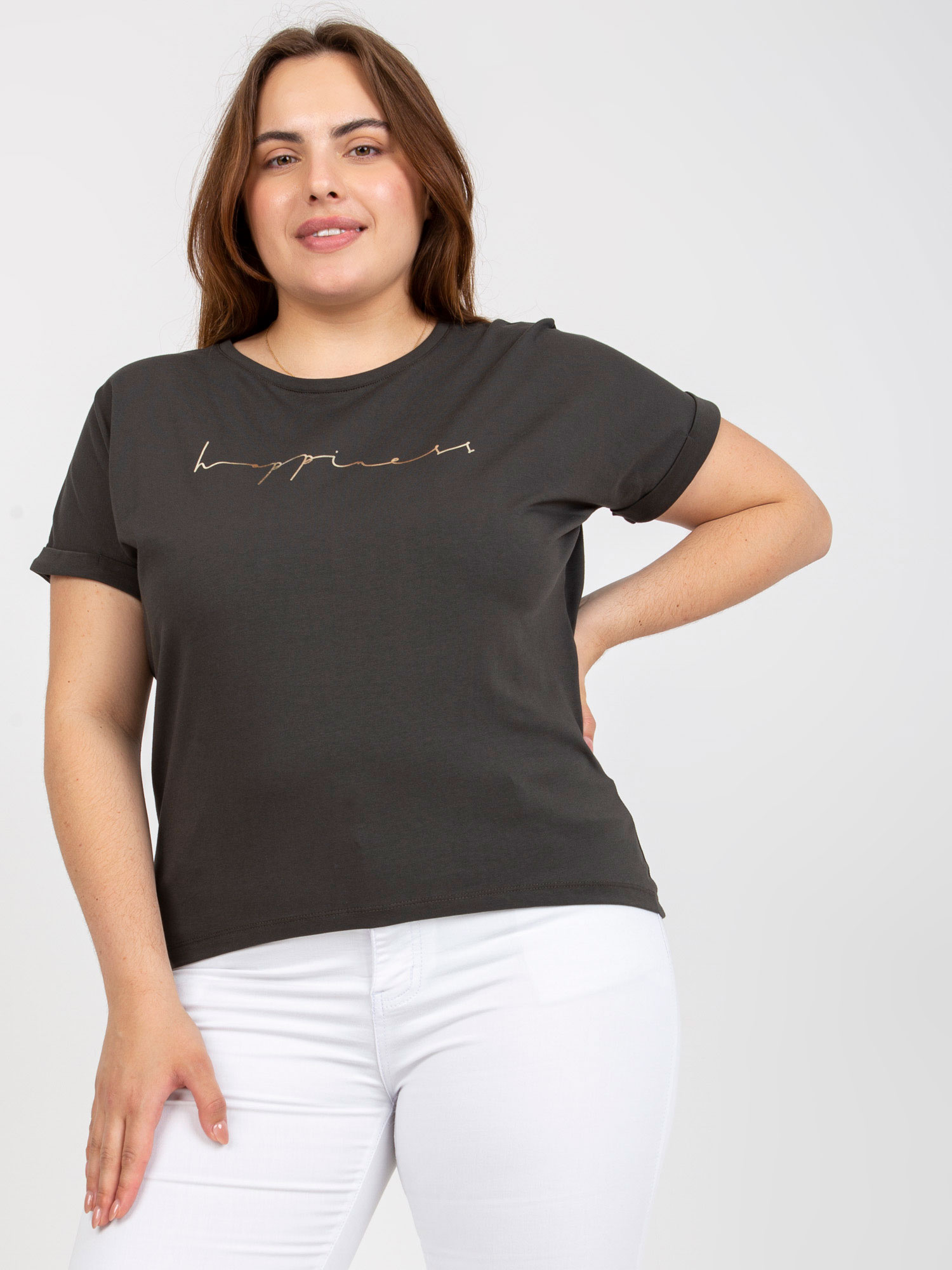 Khaki tričko s nápisom "Happiness" RV-TS-7774.16P-khaki Veľkosť: ONE SIZE