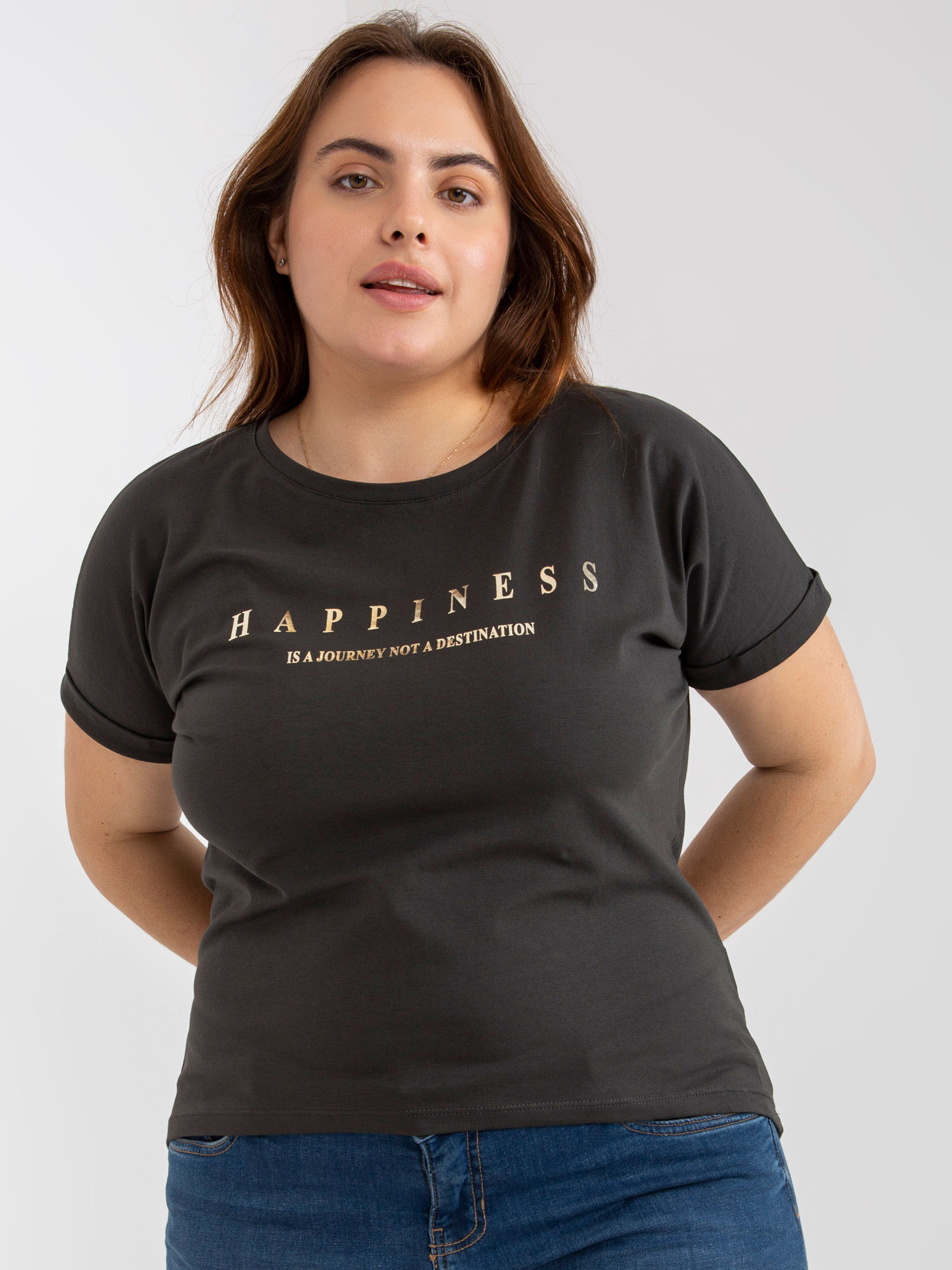Khaki predĺžené tričko "Happiness" RV-TS-7776.02P-khaki Veľkosť: ONE SIZE