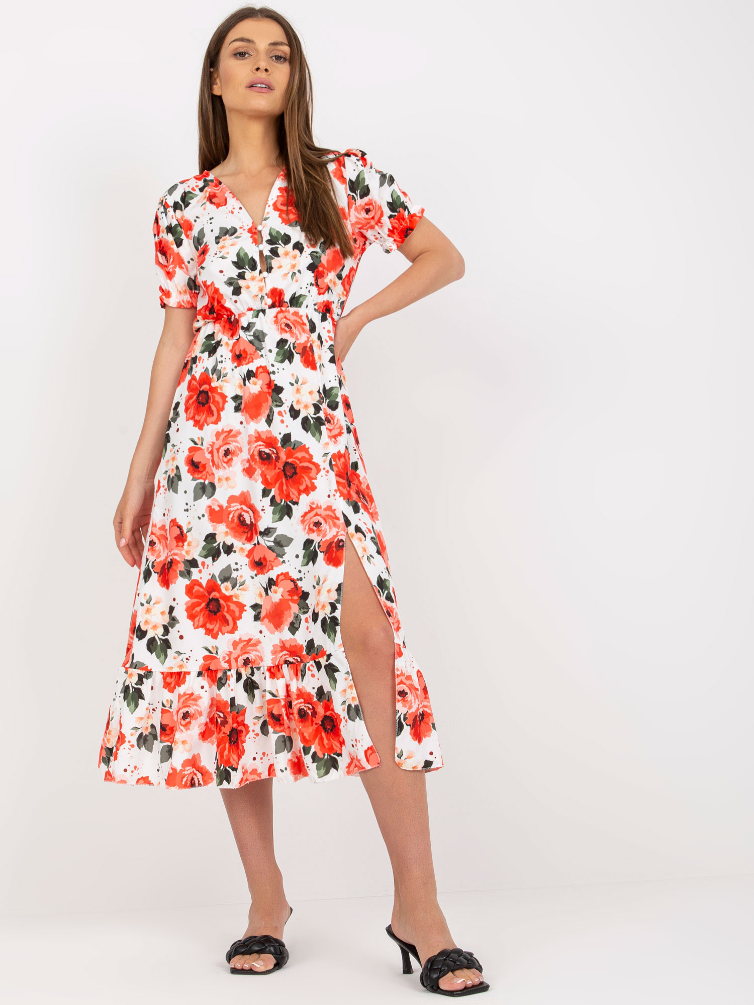 Bielo-červené kvetinové midi šaty DHJ-SK-7006-5.77-white-red Veľkosť: ONE SIZE