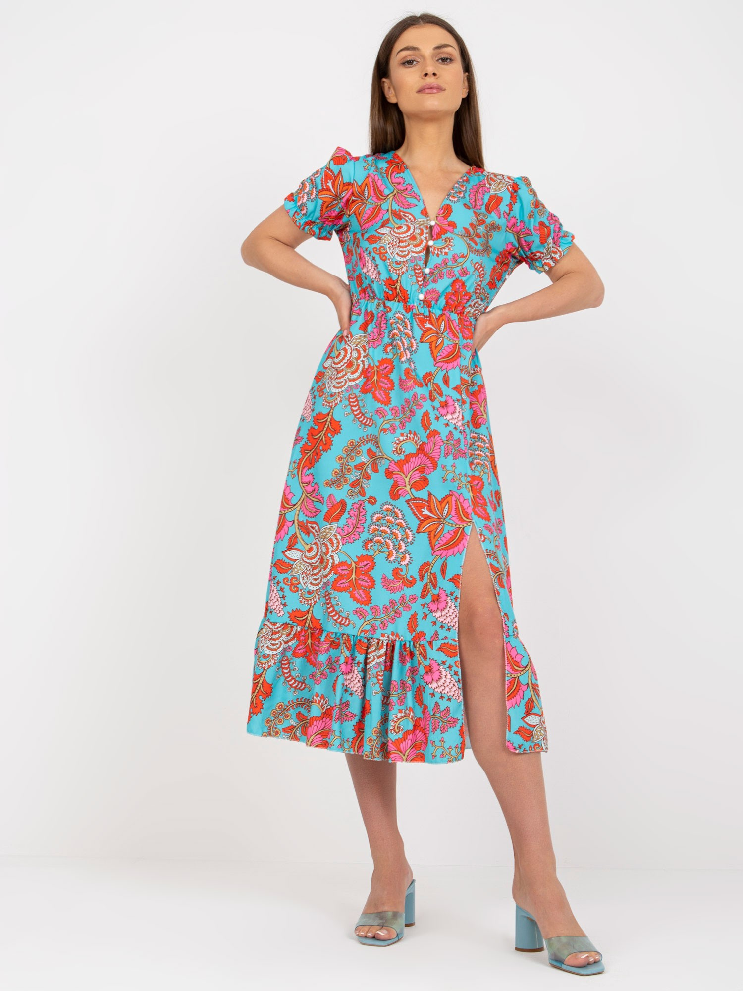 Modro-ružové vzorované midi šaty s rozparkom DHJ-SK-7006-4.37-light blue Veľkosť: ONE SIZE